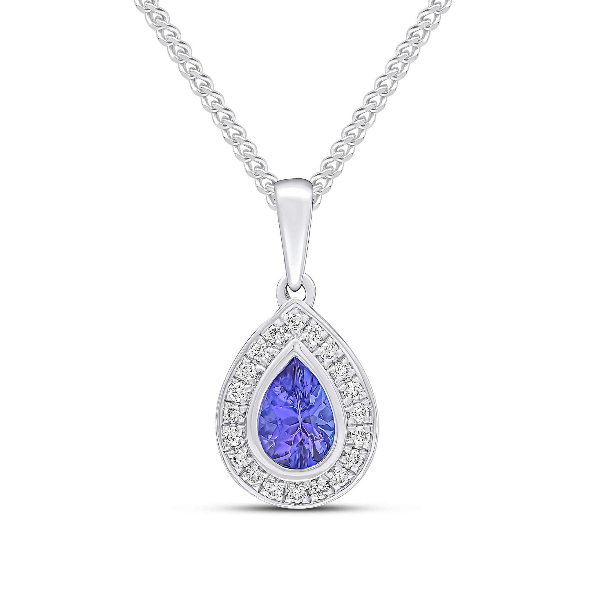 18CT WG RUBOVER PEARSHAPE TANZANITE AND GRAIN SET ROUND DIAMOND CLUSTER PENDANT