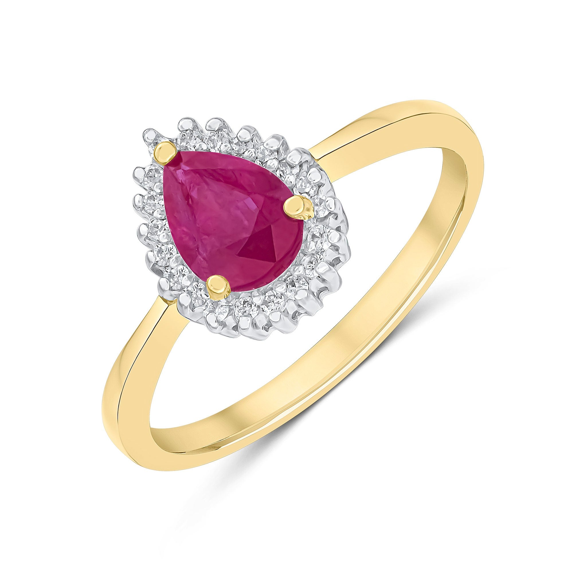 9CT YG 7X5MM PEARSHAPE RUBY & DIAMOND CLAW SET CLUSTER RING. RHODIUM TO DIAMONDS