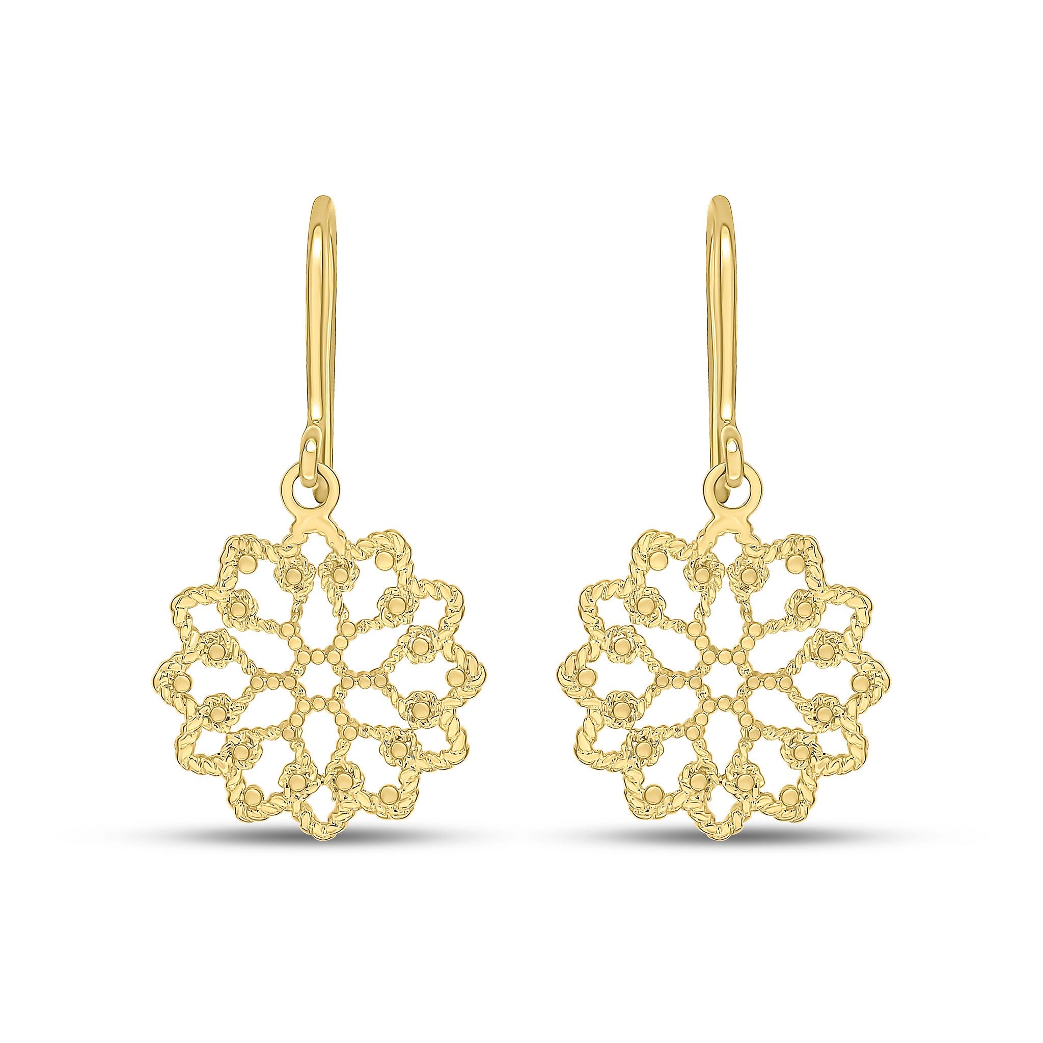9CT YELLOW GOLD ROUND FLOWER FILLIGREE DROP EARRINGS WITH SHEPHERDS HOOK FITTING