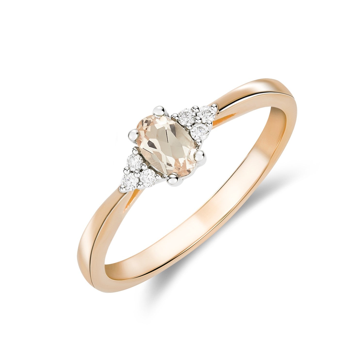 9CT RWG 6X4 OVAL MORGANITE & ROUND DIAMOND TREFOIL SHOULDERS RING