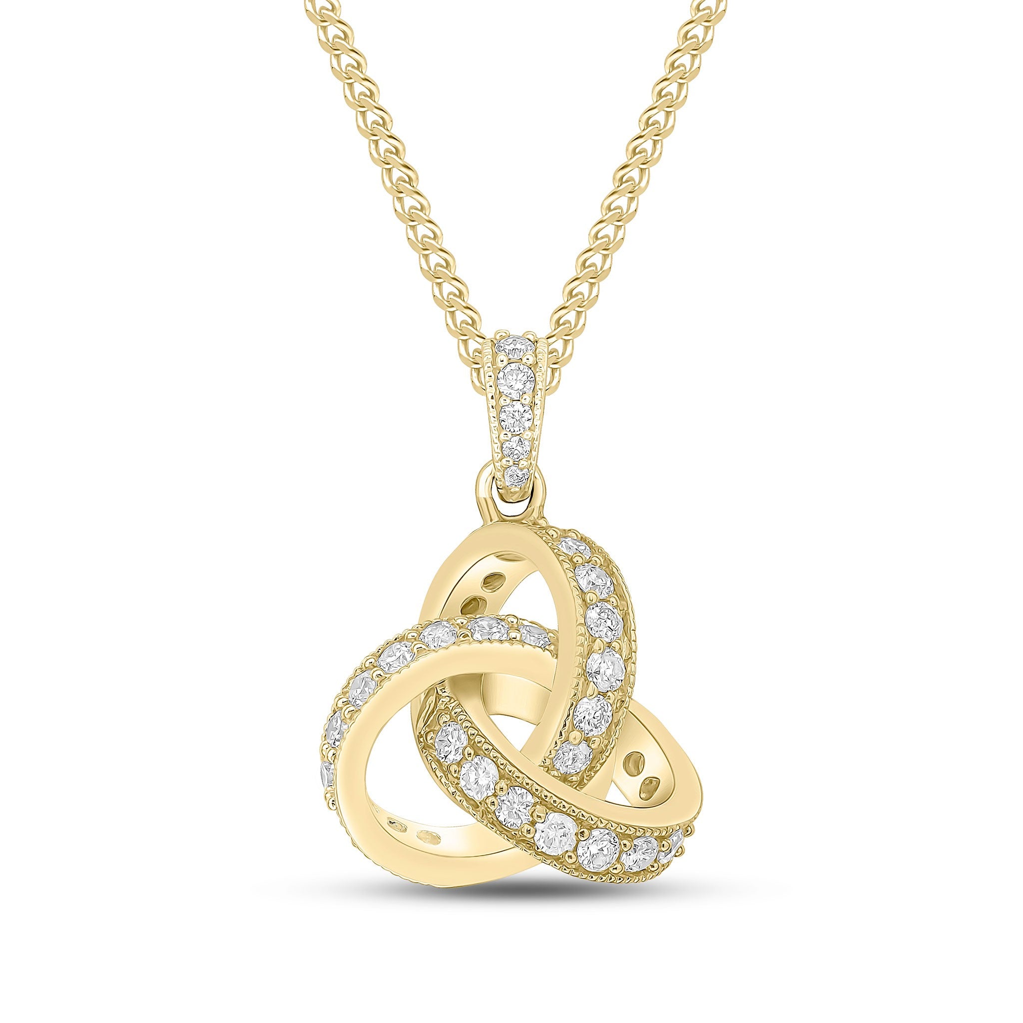18CT YG ROUND DIAMOND GRAIN SET KNOT PENDANT WITH DIAMOND SET LOOP TOP. LARGE
