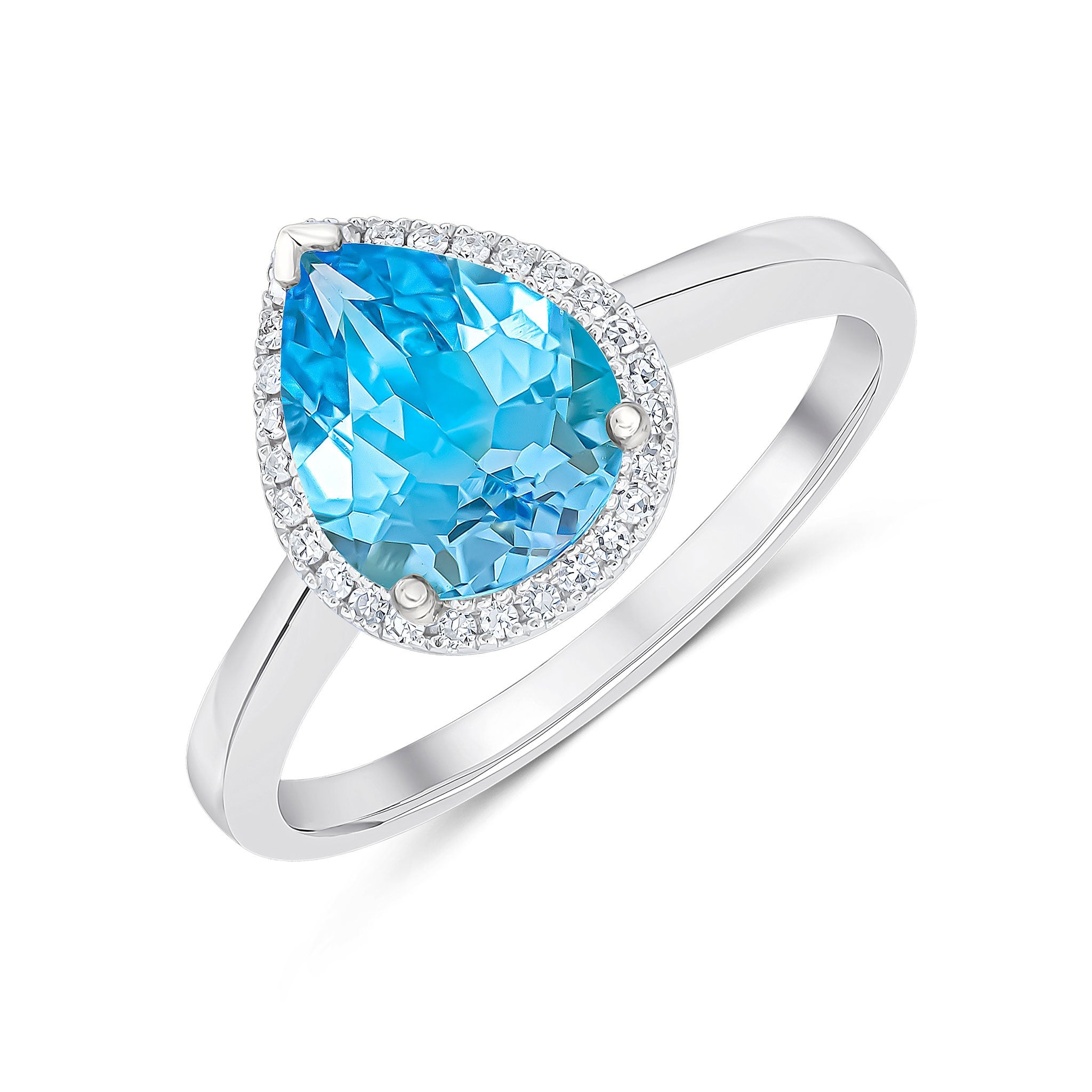 9CT WG 9X7 PEARSHAPE SWISS BLUE TOPAZ & DIAMOND CLAW SET CLUSTER RING