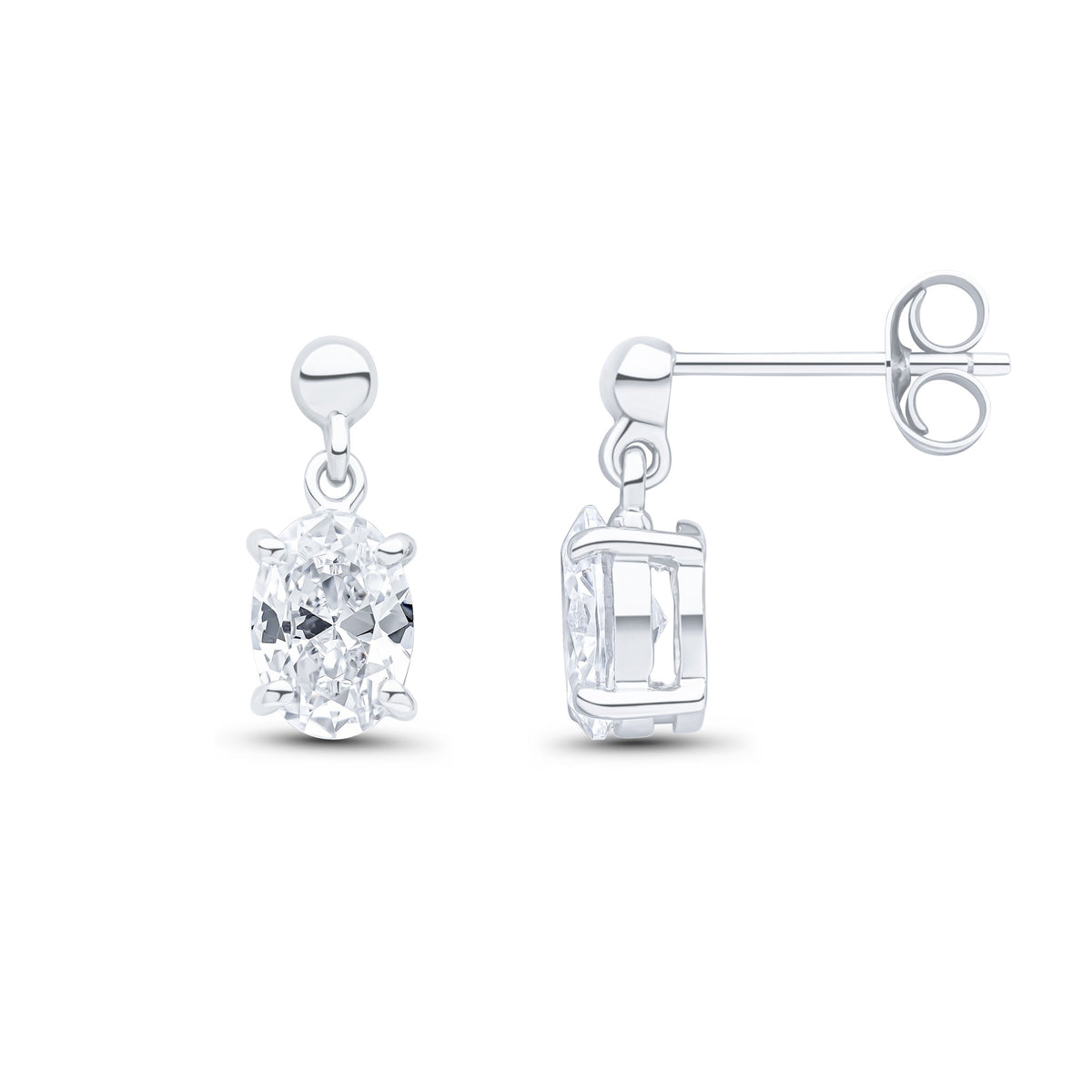 9CT WG 7X5 OVAL CZ CLAW SET DROP EARRINGS WITH BEAD TOP