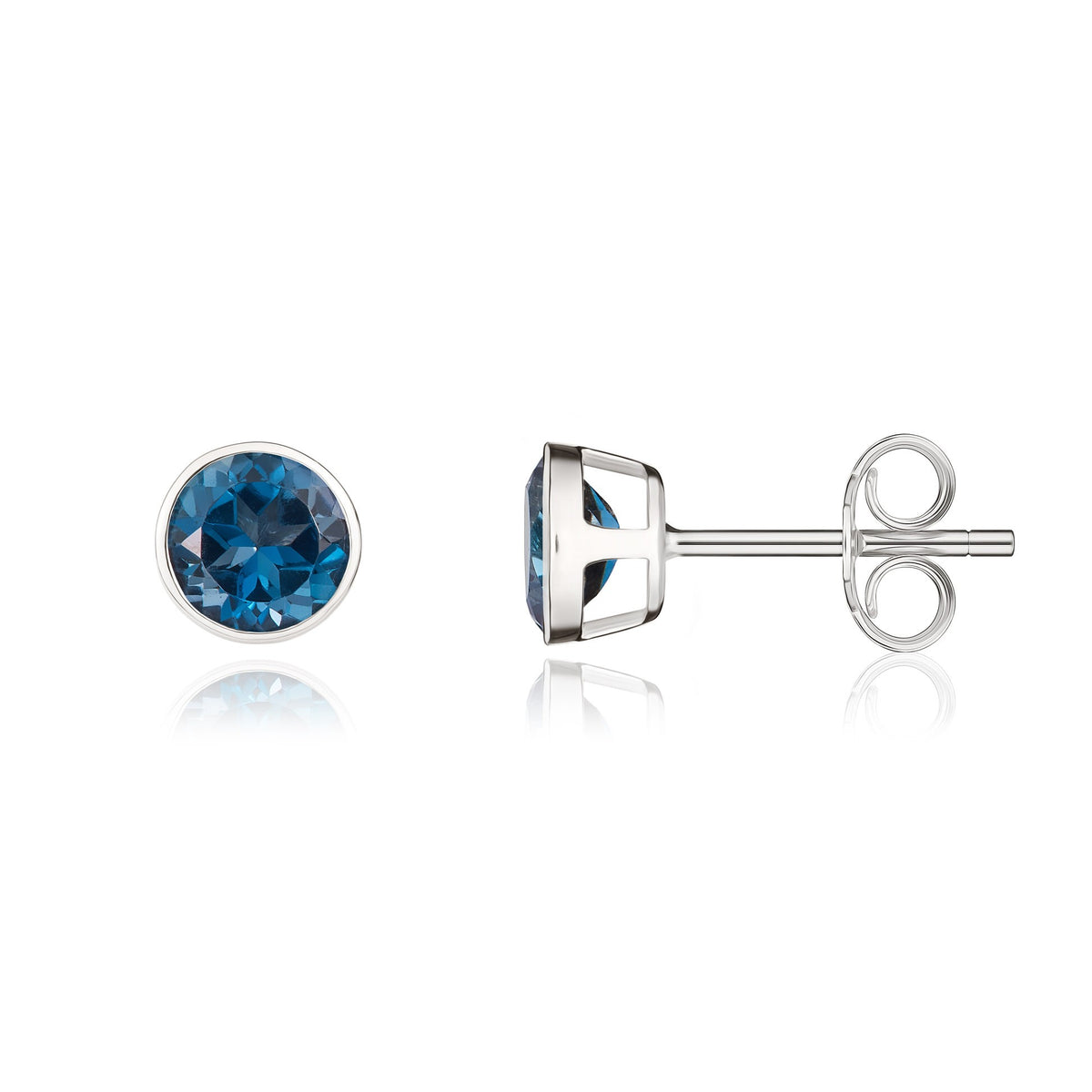 9CT WG 5MM ROUND LONDON BLUE TOPAZ RUBOVER STUD EARRINGS