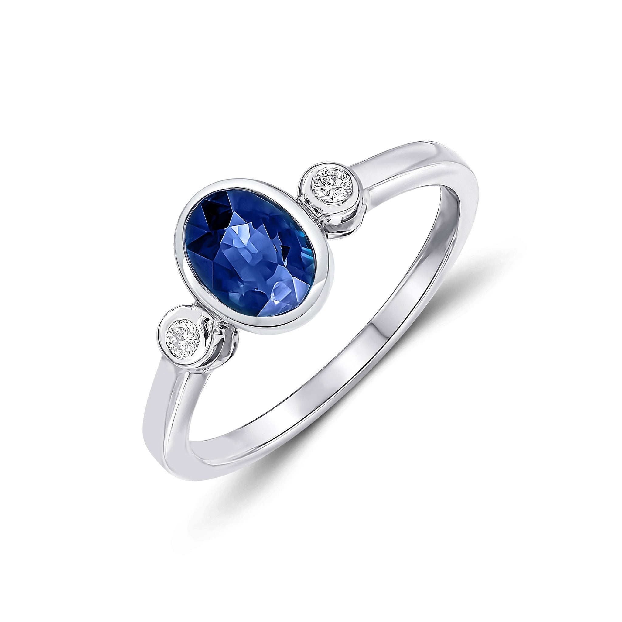 9CT WG 7X5 OVAL SAPPHIRE AND ROUND DIAMOND 3ST RUBOVER RING