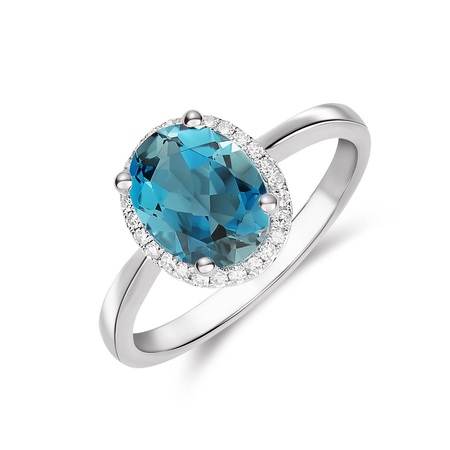 9CT WG 9X7 OVAL LONDON BLUE TOPAZ AND DIAMOND CLAW SET CLUSTER RING