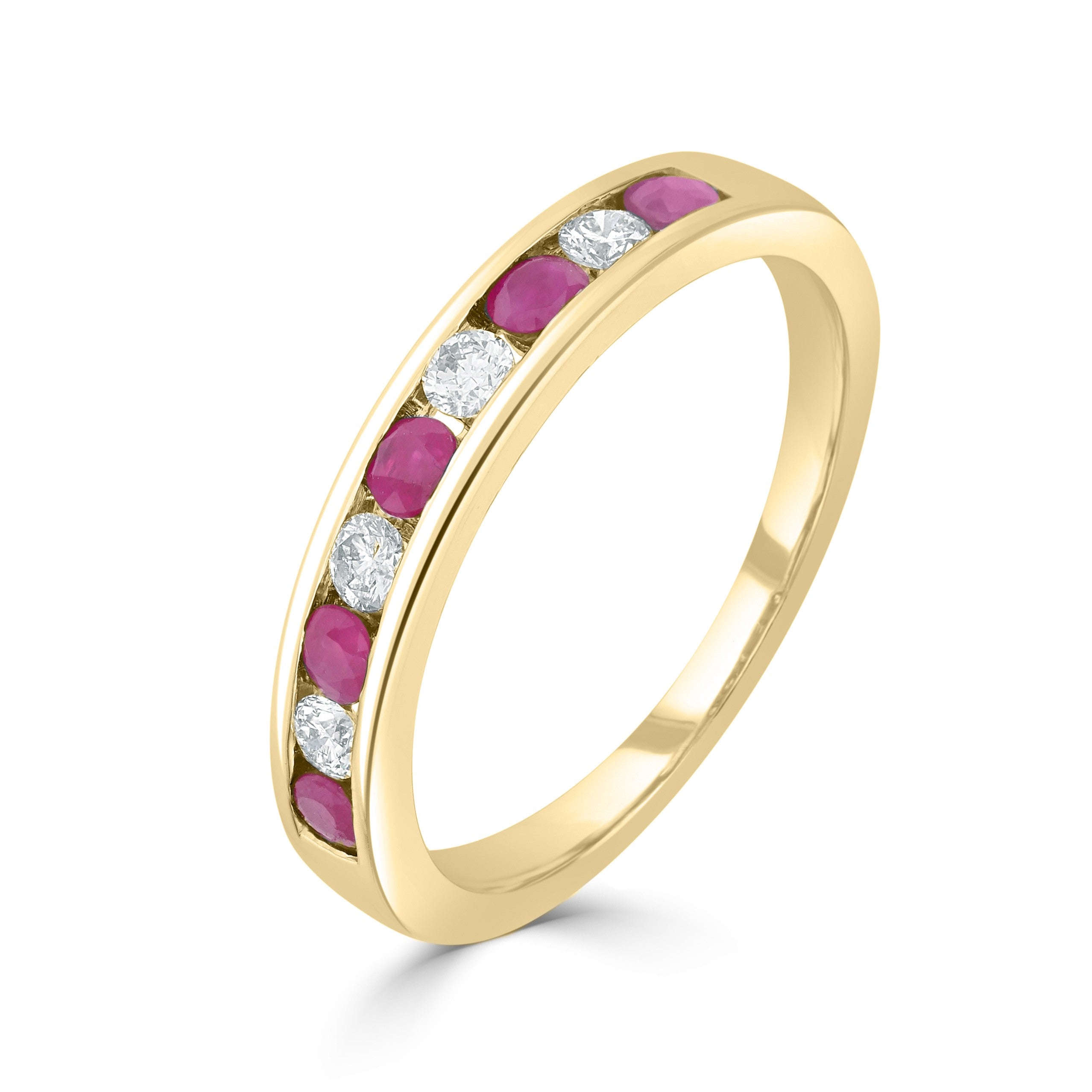 9CT YG ROUND RUBY AND DIAMOND 9ST CHANNEL SET HALF ETERNITY RING