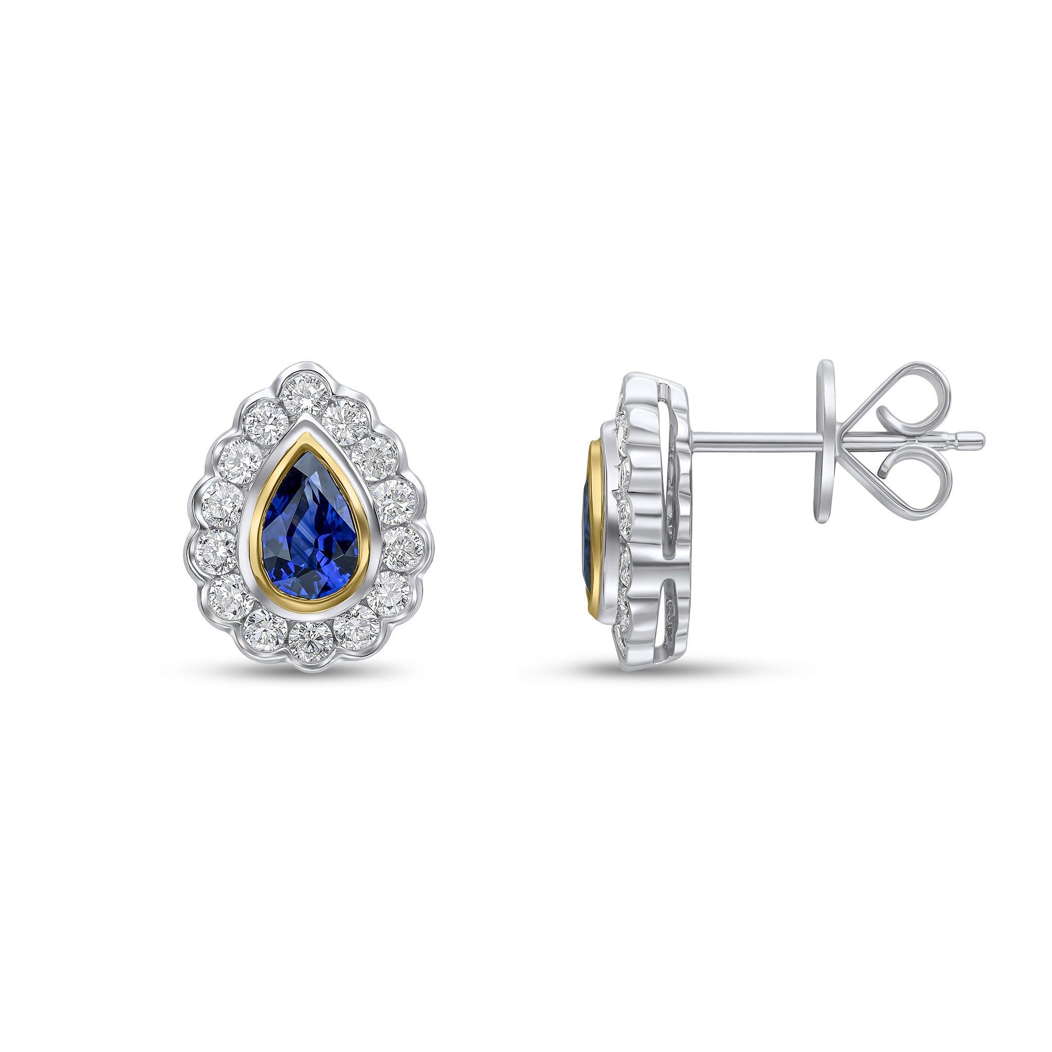 18CT YWG PEARSHAPE SAPPHIRE AND ROUND DIAMOND RUBOVER CLUSTER EARRINGS