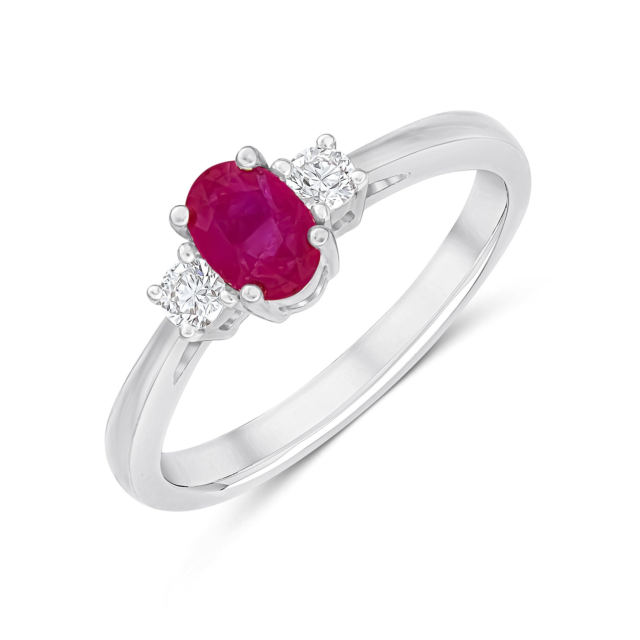 9CT WG 6X4 OVAL RUBY AND ROUND DIAMOND CLAW SET 3ST RING