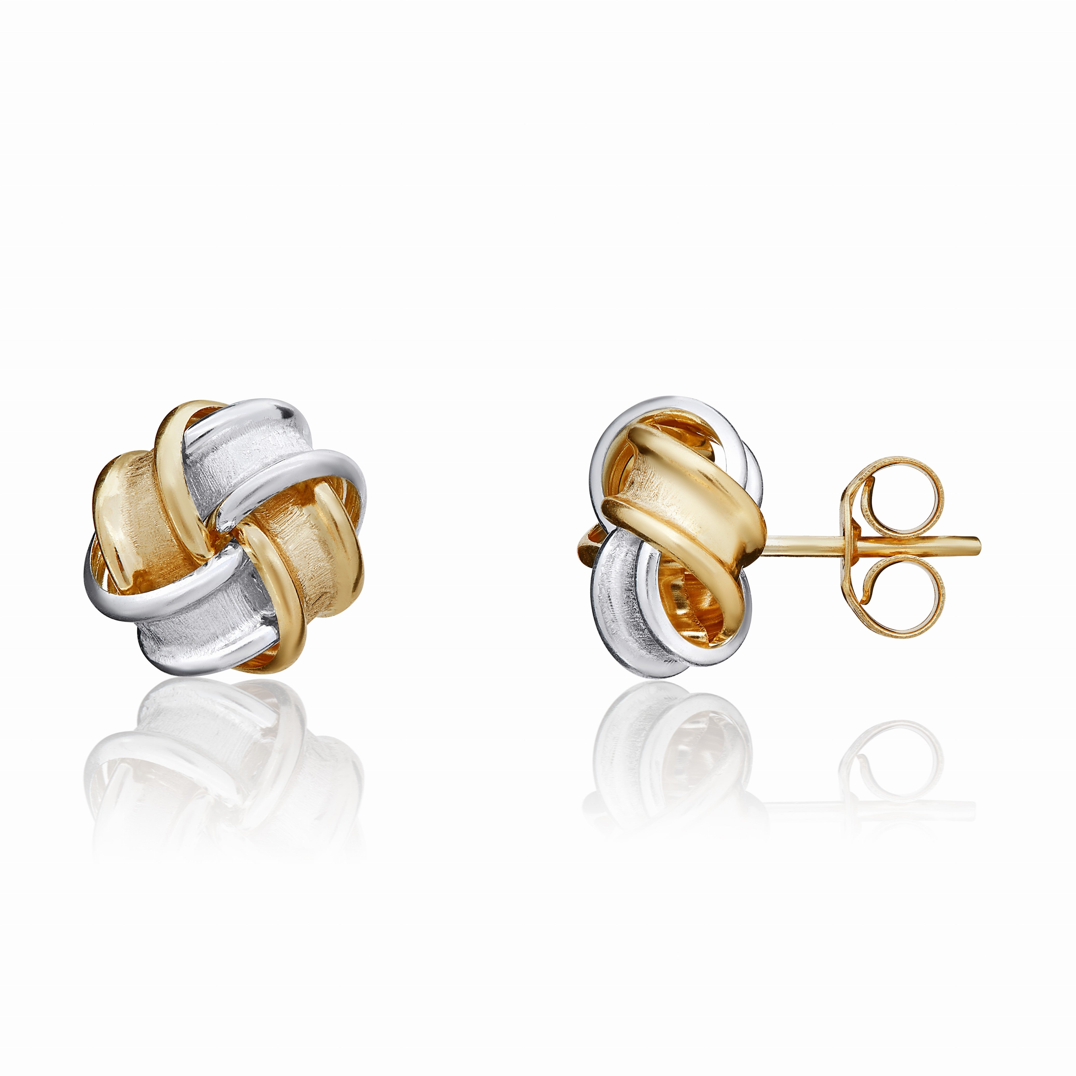 9CT YELLOW AND WHITE GOLD FROSTED AND POLISHED RIBBON KNOT STUD EARRINGS 7MM