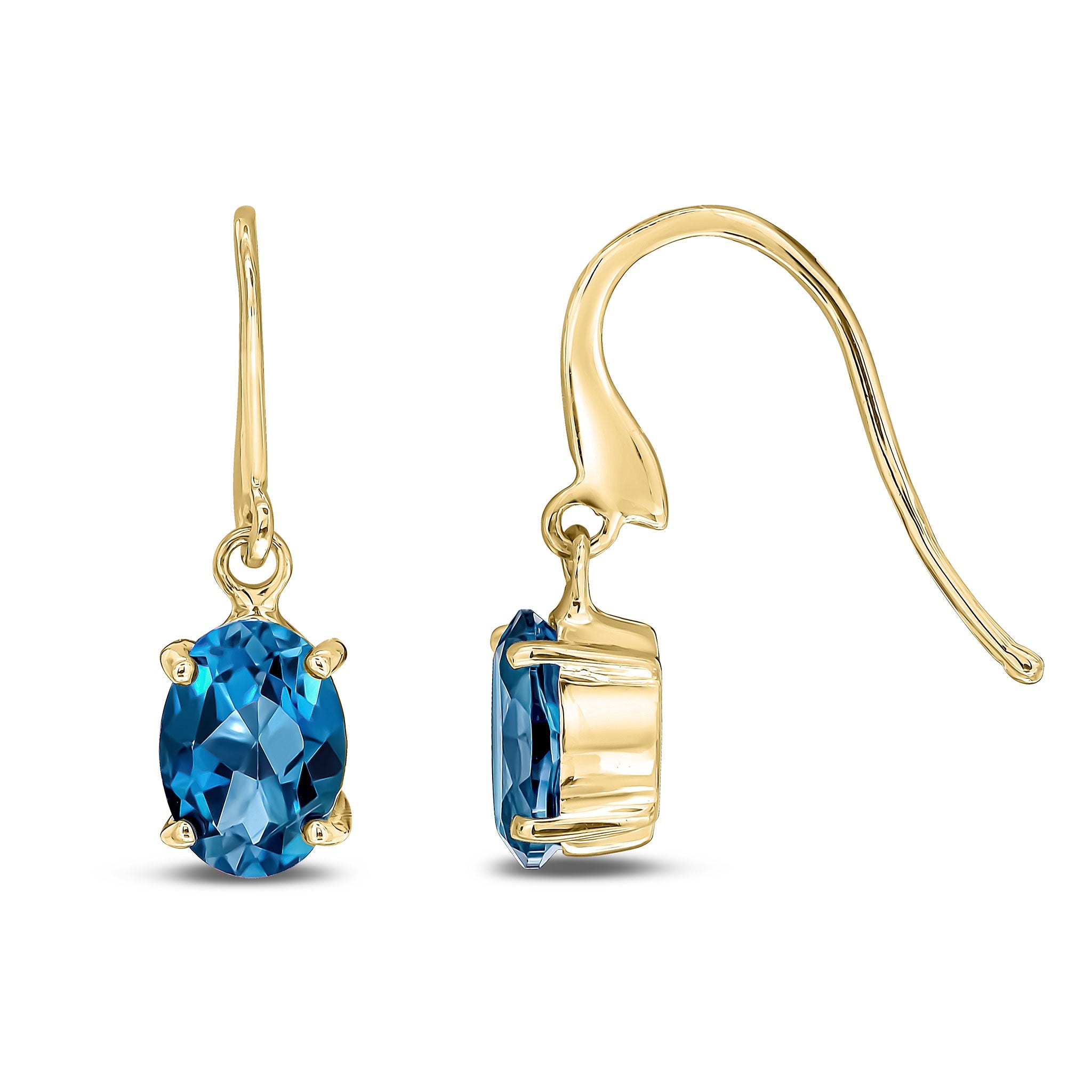 9CT YG 7X5 OVAL LONDON BLUE TOPAZ CLAW SET DROP EARRINGS WITH HOOK WIRE FITTING