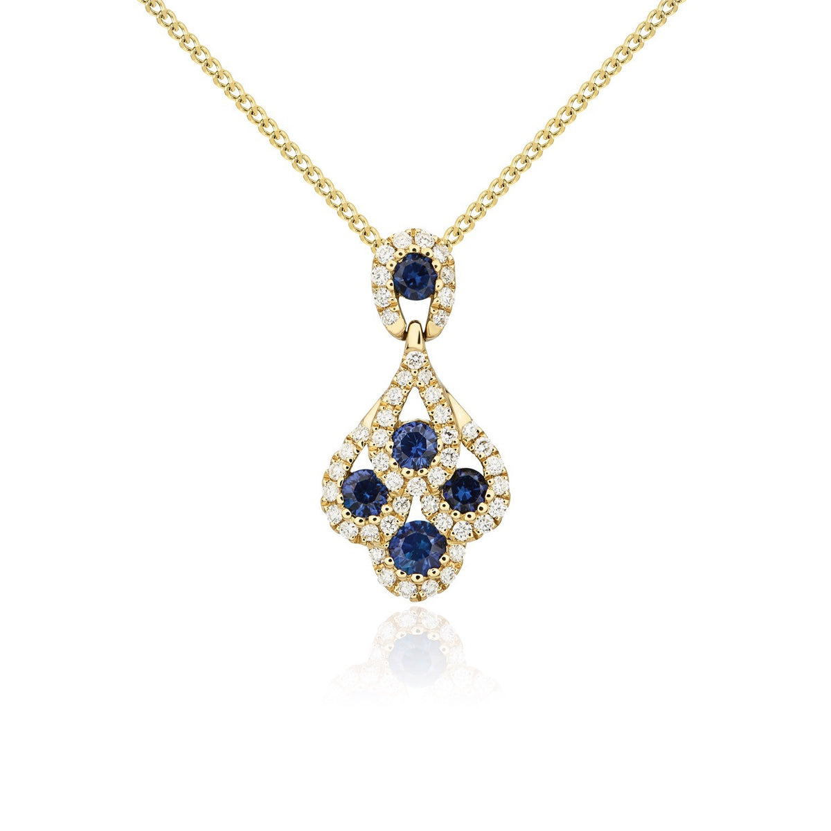 18CT YG ROUND SAPPHIRE AND ROUND DIAMOND 'PEACOCK'  CLAW SET PENDANT