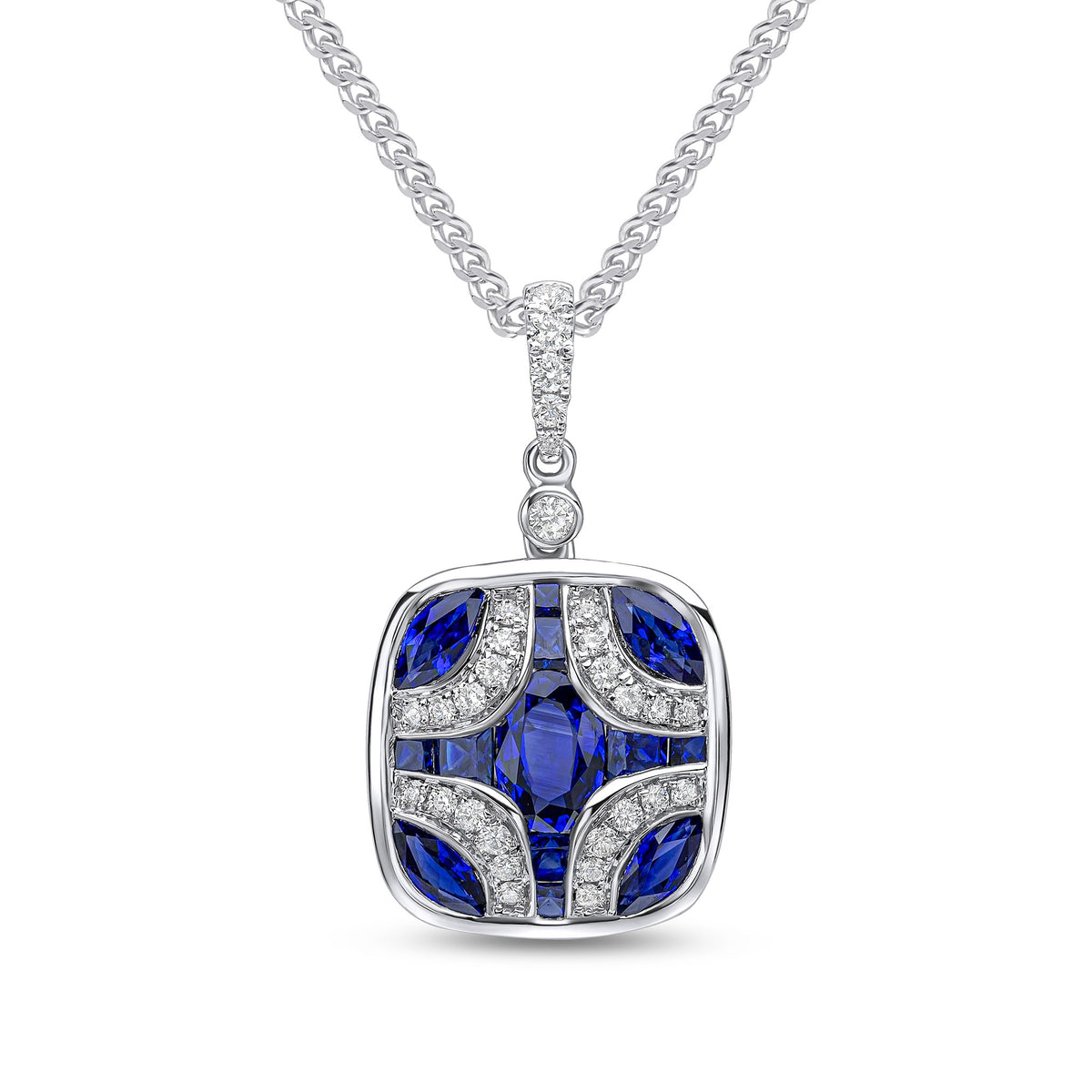 18CT WG SAPPHIRE & DIAMOND SHIELD PENDANT WITH DIAMOND SET LOOP