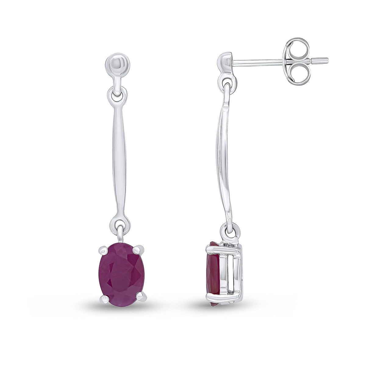 9CT WG 7X5MM OVAL RUBY AND BAR DROP EARRINGS WITH BEAD TOP