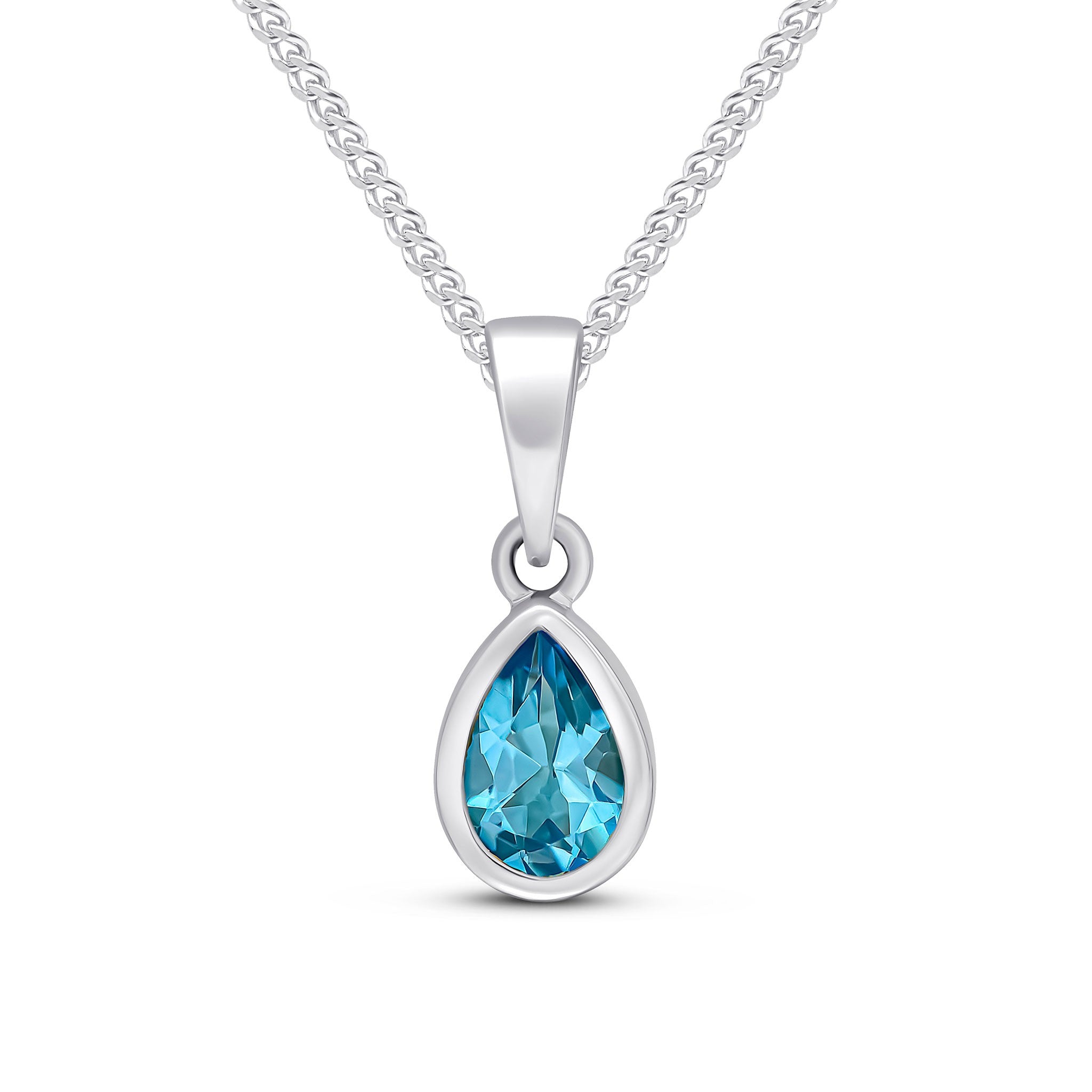 9CT WG 6X4 PEARSHAPE SWISS BLUE TOPAZ RUBOVER SET PENDANT