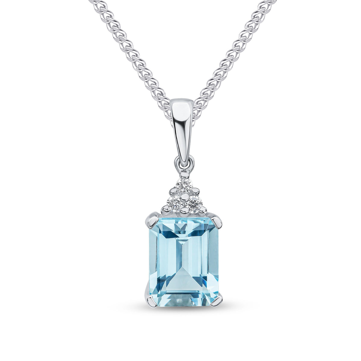 18CT WG 9x7 OCTAGON AQUA AND ROUND DIAMOND TREFOIL TOP CLAW SET PENDANT WITH PLAIN LOOP TOP
