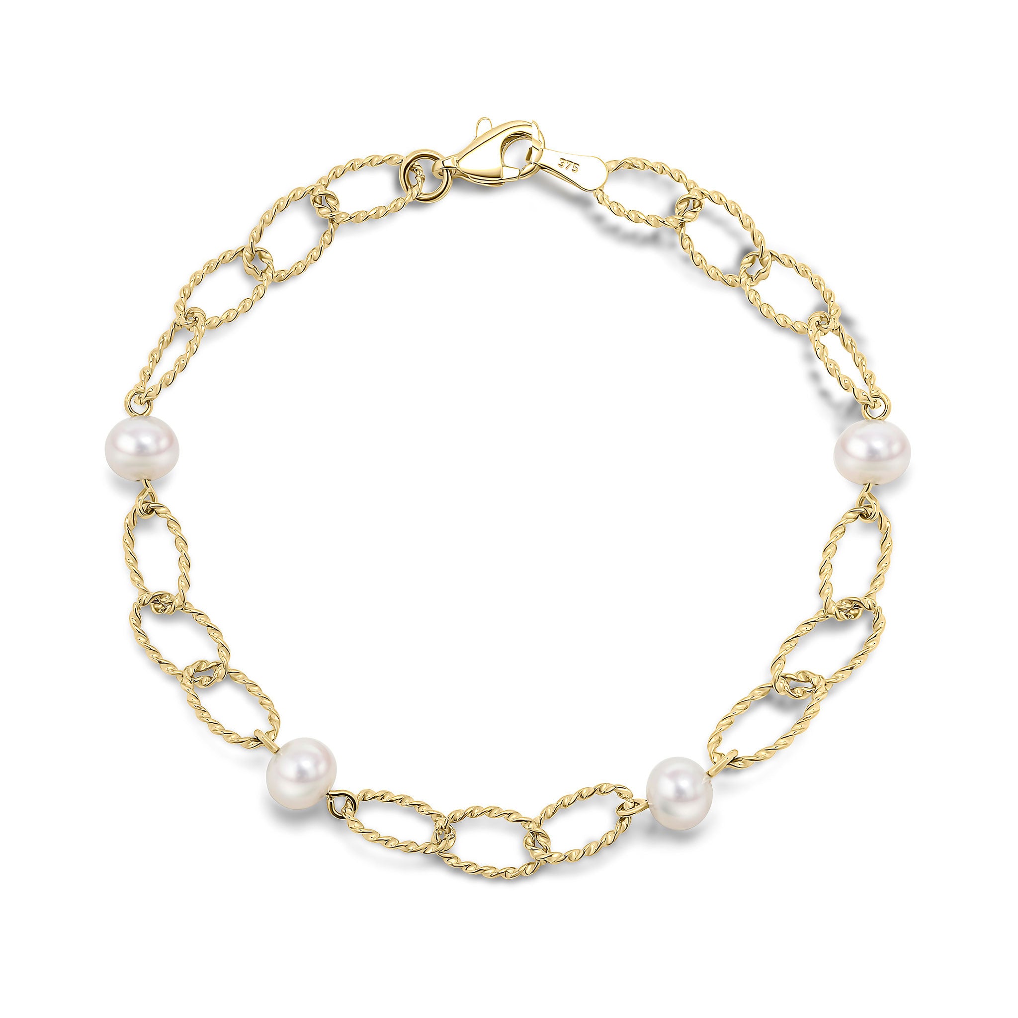 9CT YG TWIST OVAL LINKS AND FRESHWATER PEARL BRACELET