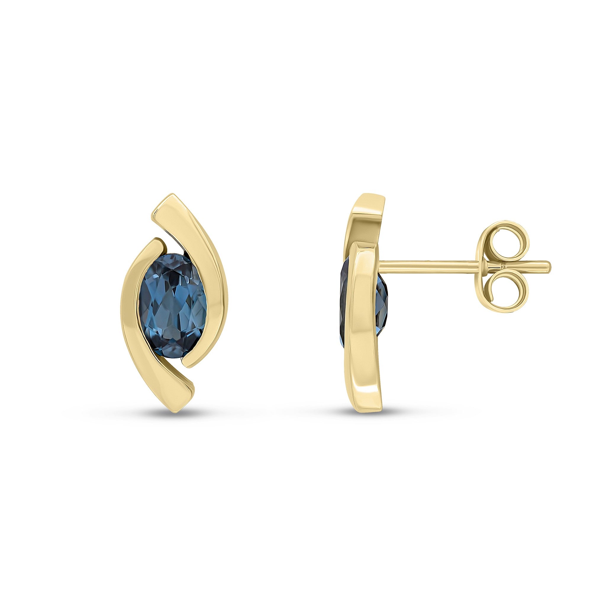 9CT YG 6X4 OVAL LONDON BLUE TOPAZ 'EYE' STUD EARRINGS