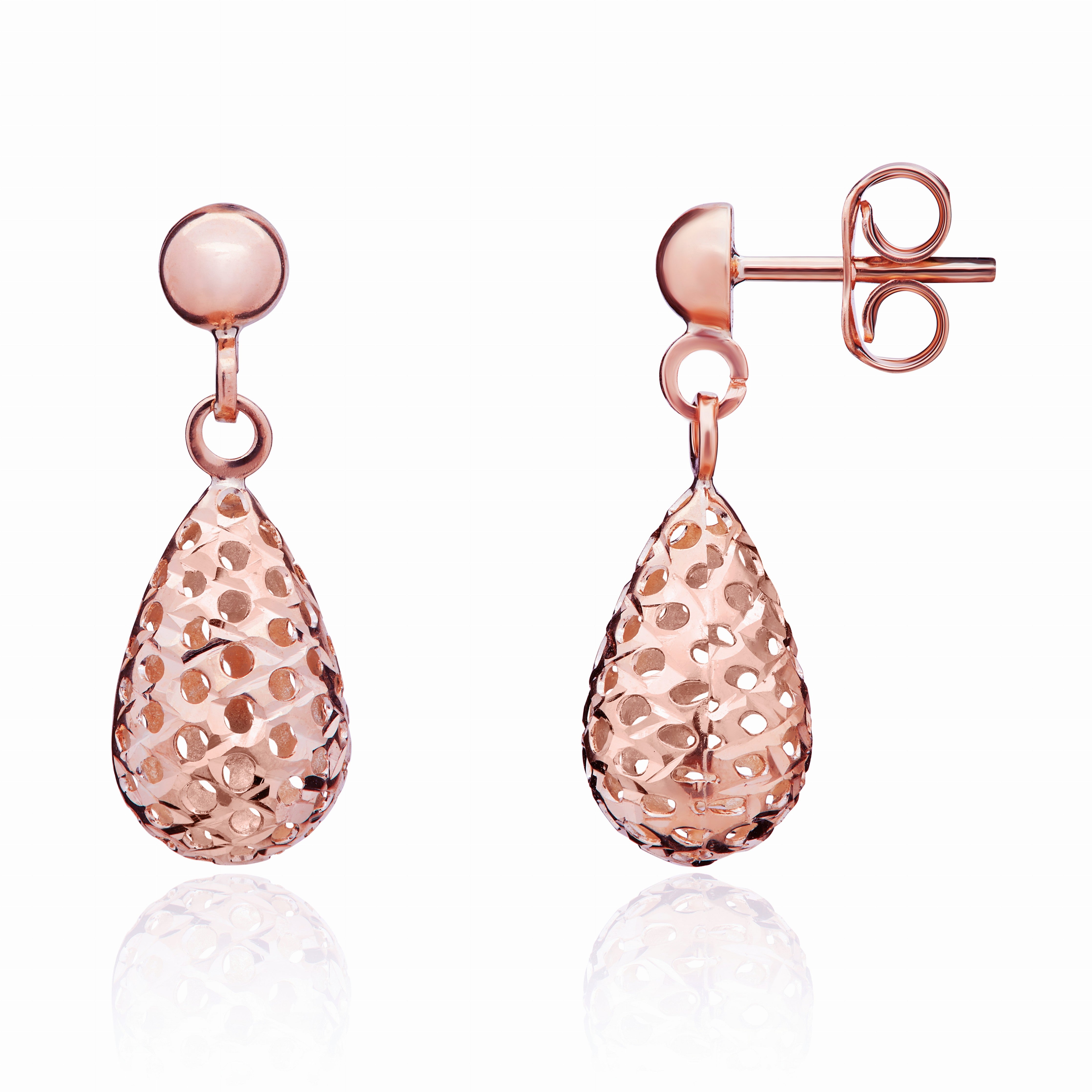 9CT ROSE GOLD PIERCED OUT BOBME DROP EARRINGS WITH POLISHED HALF BEAD TOP