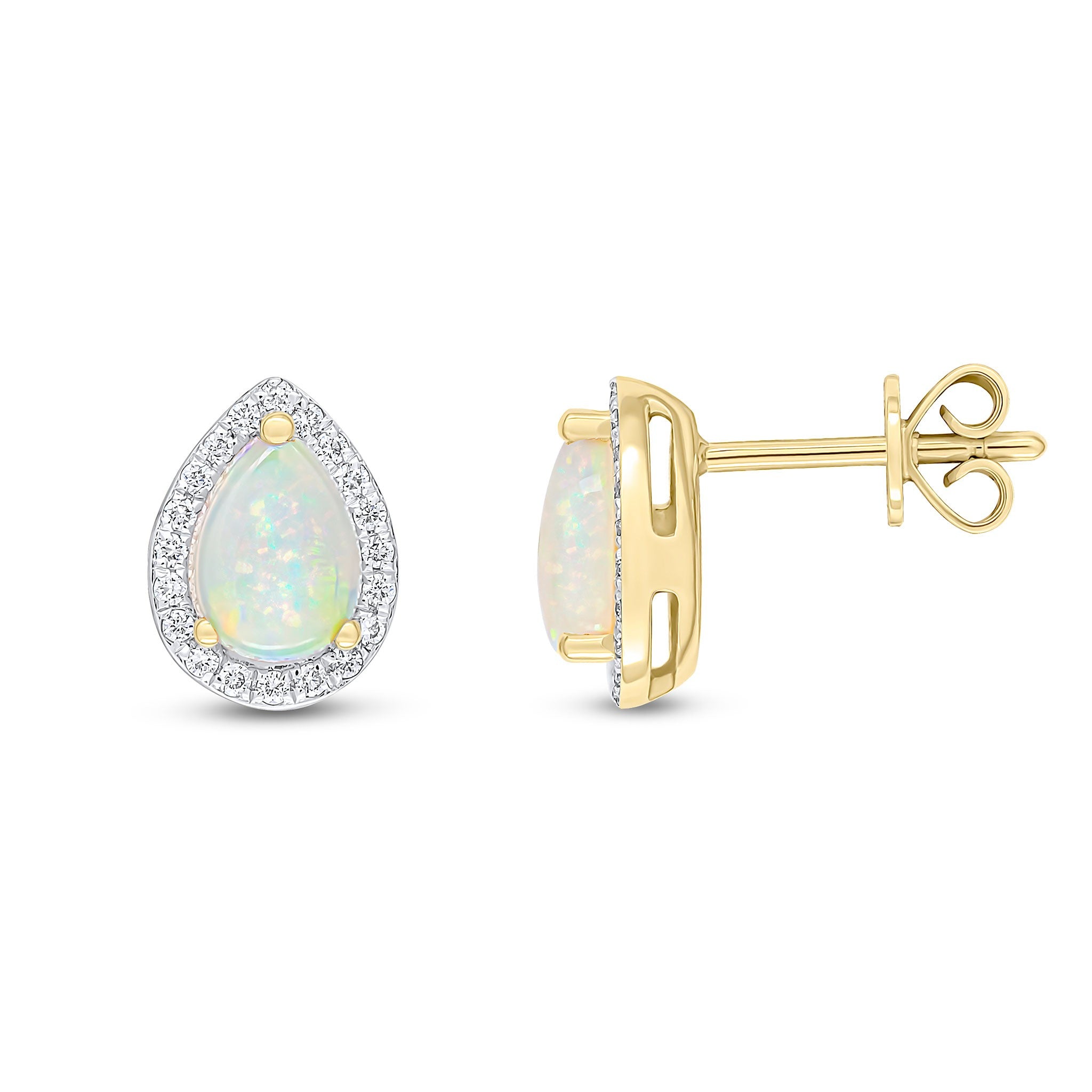 18CT YG CLAW SET 7X5 PEARSHAPE OPAL AND GRAIN SET ROUND DIAMOND CLUSTER EARRINGS. RHODIUM TO DIAMONDS