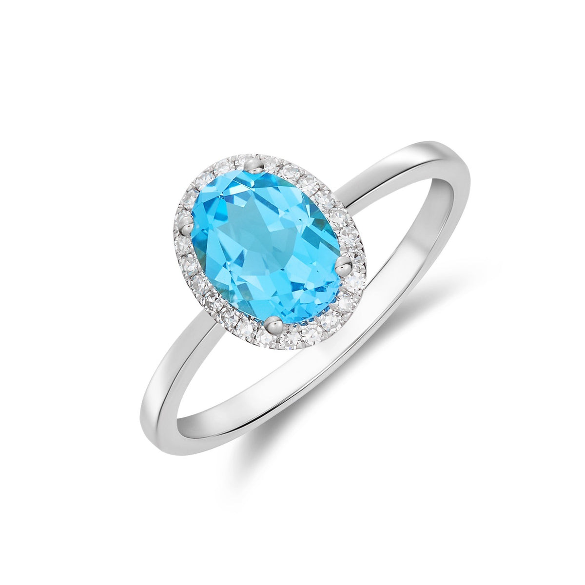 9CT WG 8X6 OVAL SWISS BLUE TOPAZ AND DIAMOND CLAW SET CLUSTER RING