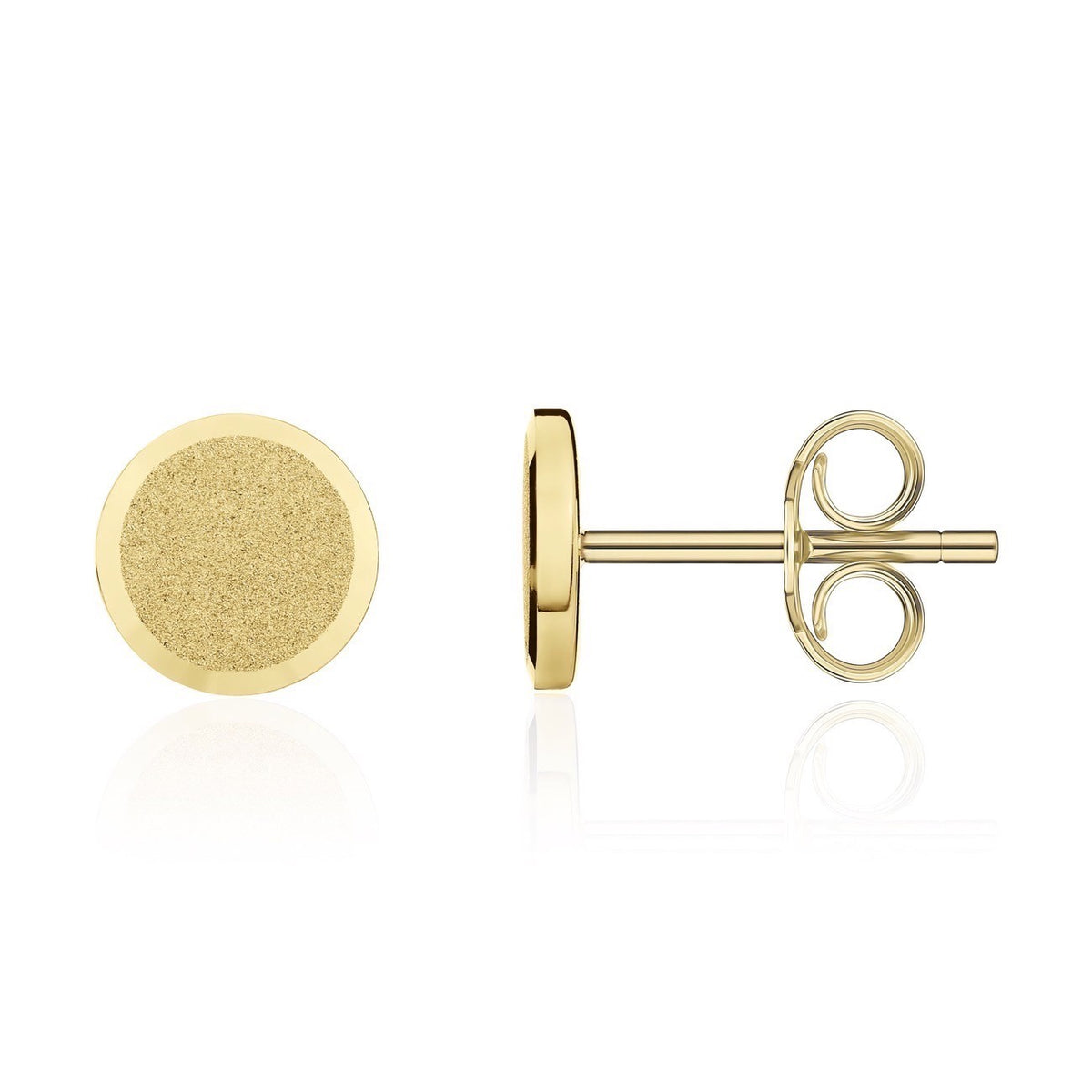 9CT YELLOW GOLD FLAT SATIN DISC STUD EARRINGS WITH POLISHED BEVELLED EDGE. 8.5MM