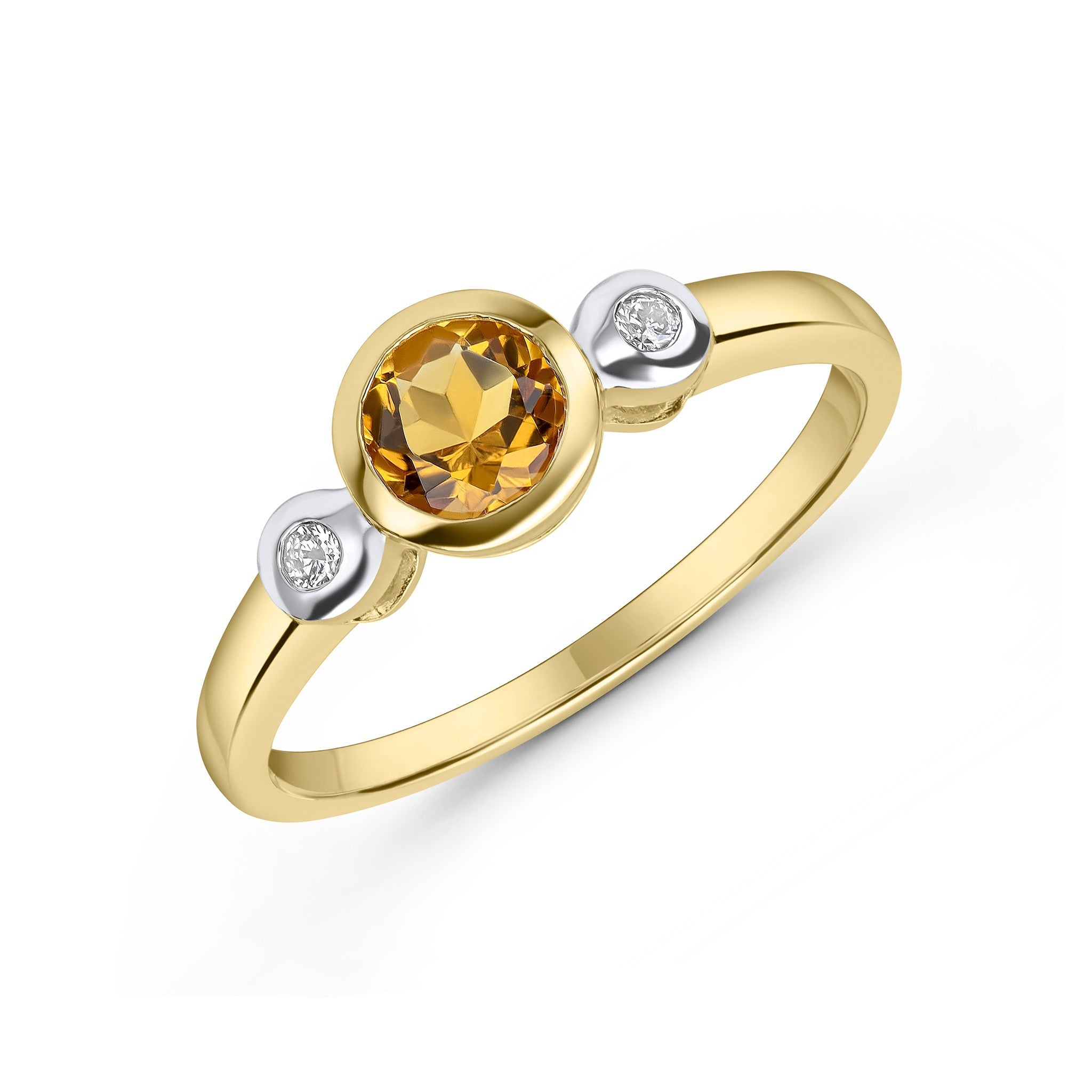 9CT YG 5MM ROUND CITRINE AND DIAMOND RUBOVER 3ST RING. RHODIUM TO DIAMONDS