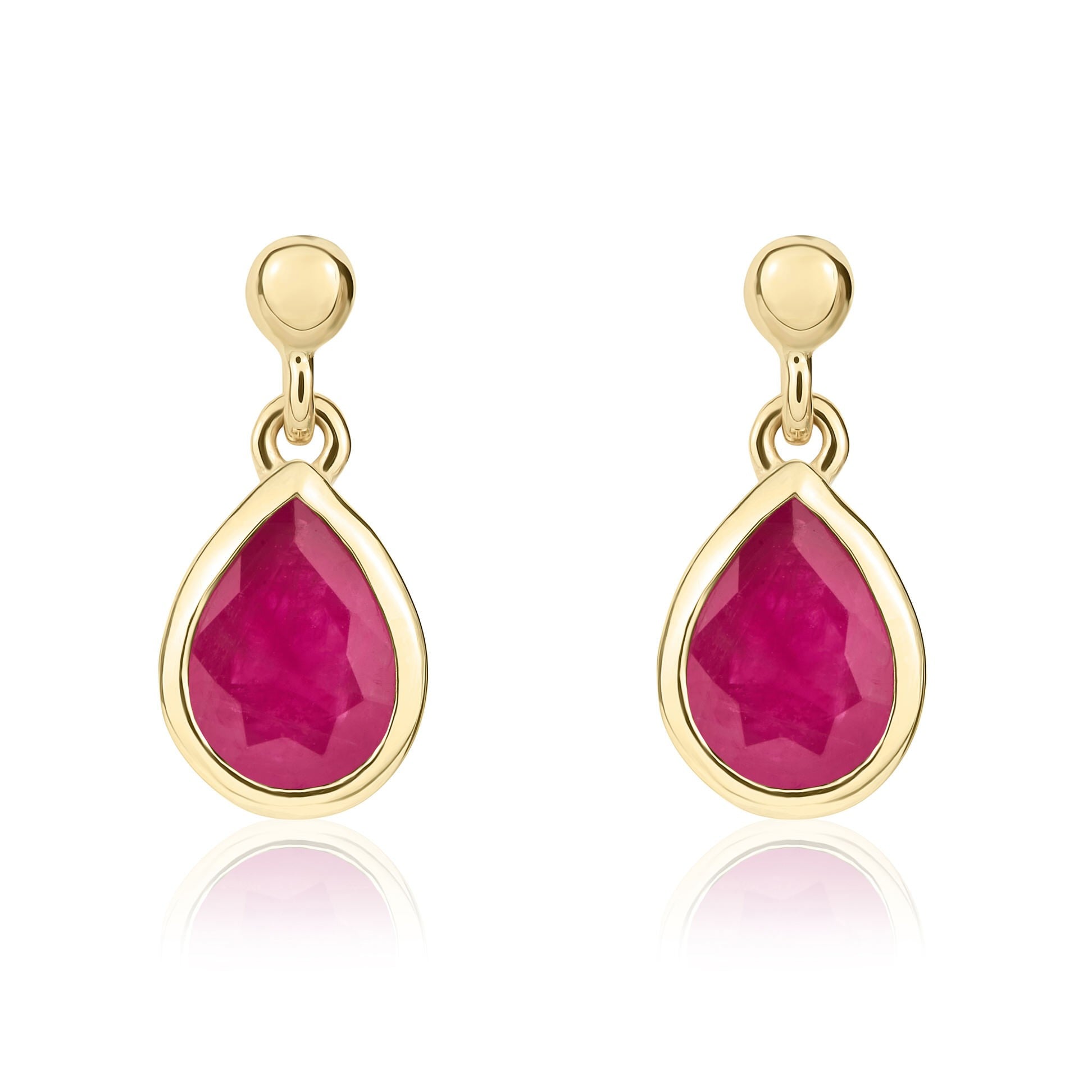 9CT YG 7X5 PEARSHAPE RUBY RUBOVER DROP EARRINGS WITH BEAD TOP