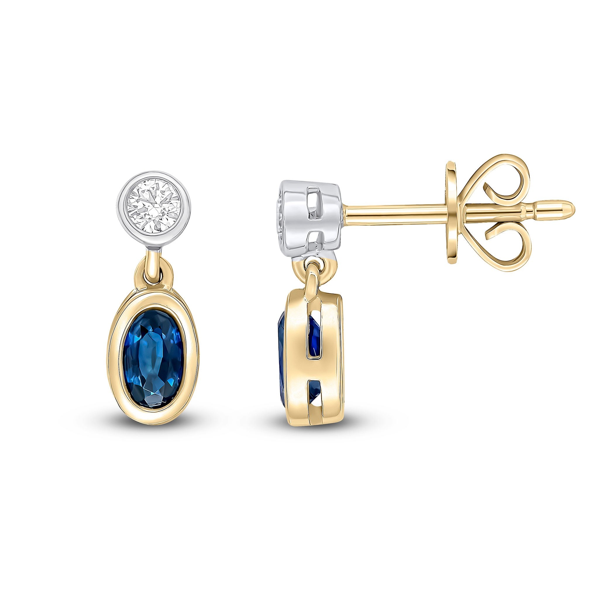 18CT YWG OVAL SAPPHIRE AND ROUND DIAMOND 2ST RUBOVER DROP EARRINGS