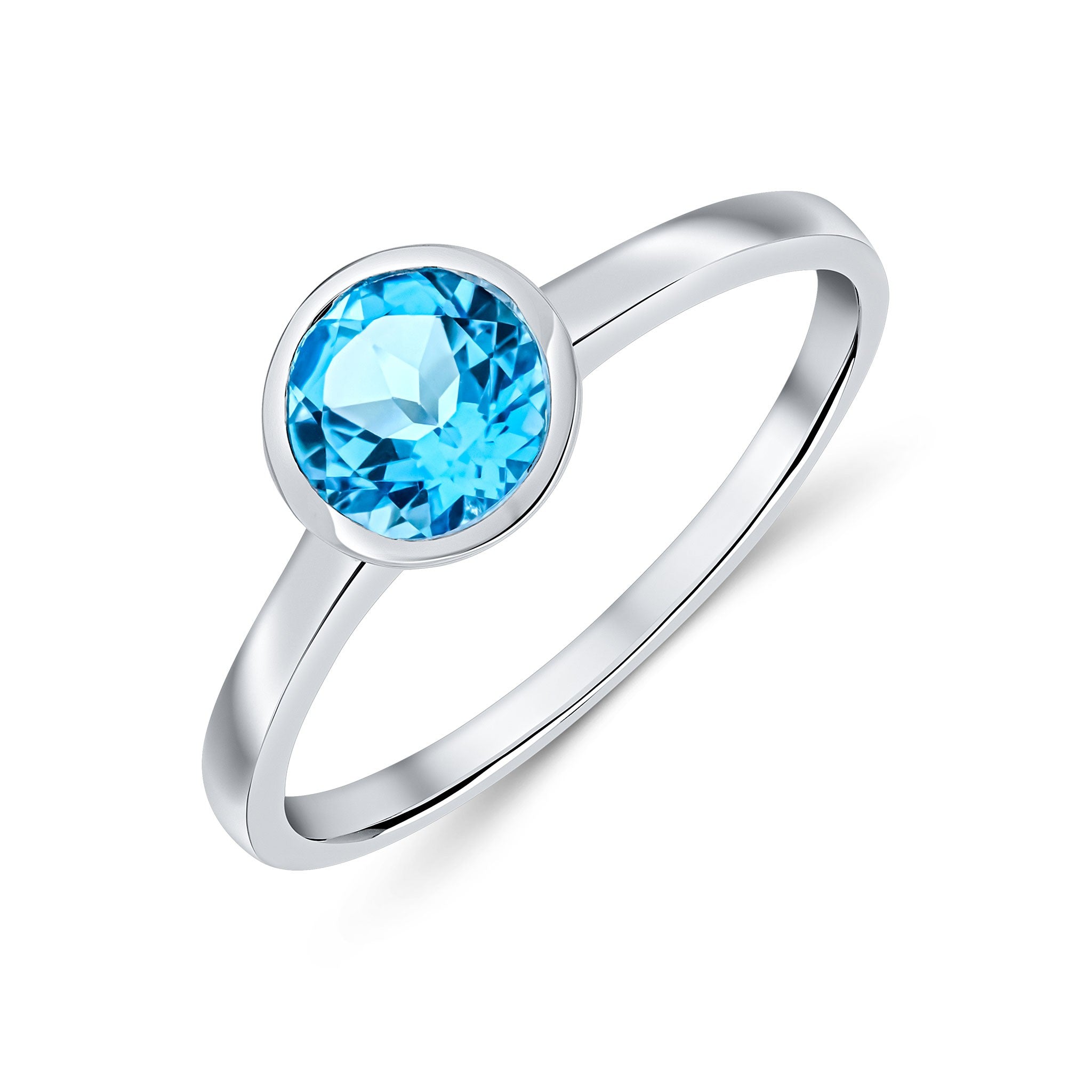 9CT WG 6MM ROUND SWISS BLUE TOPAZ RUBOVER SET SINGLE STONE RING