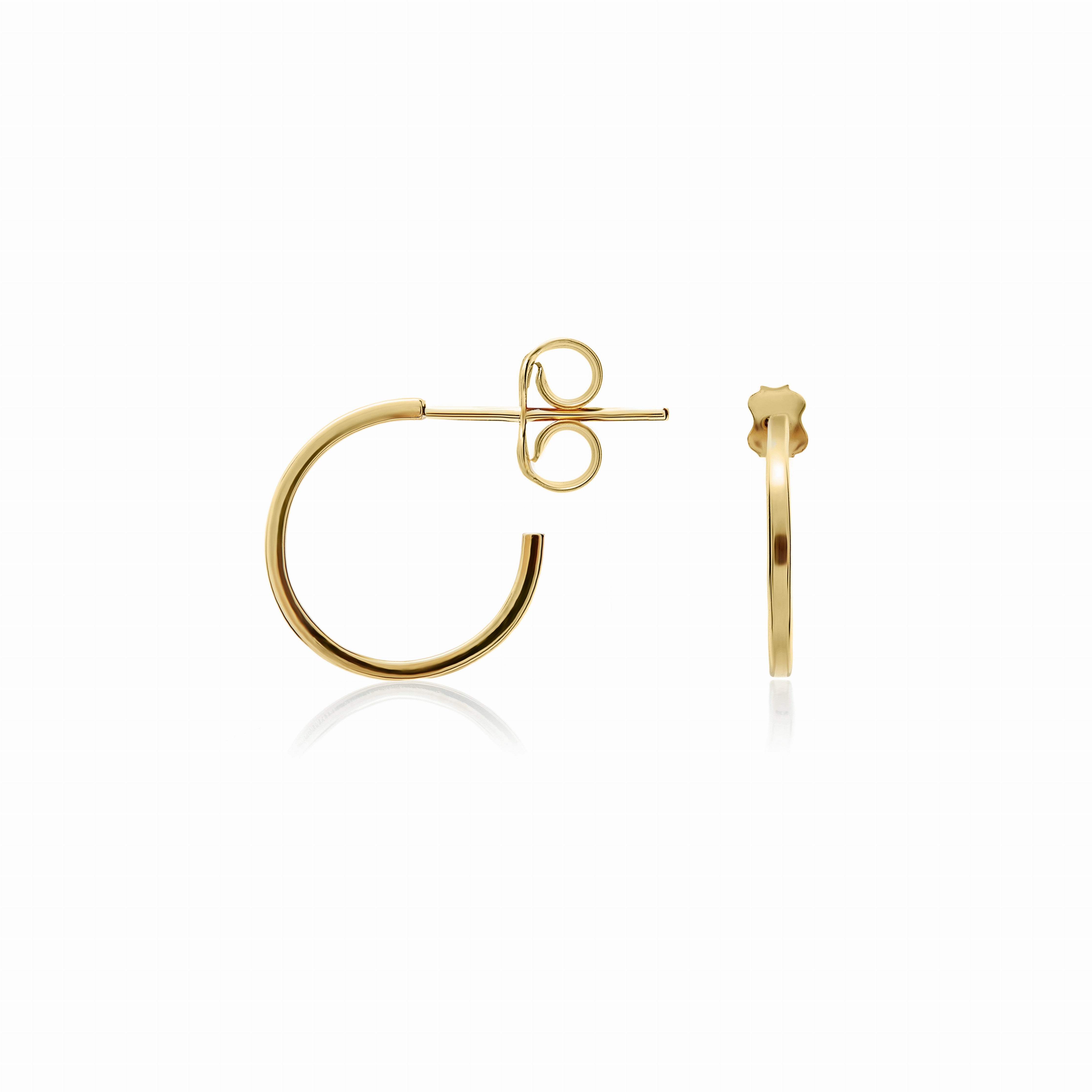 9CT YG 1MM SQUARE TUBE PEG & SCROLL HOOP EARRINGS. 12MM DIAMETER