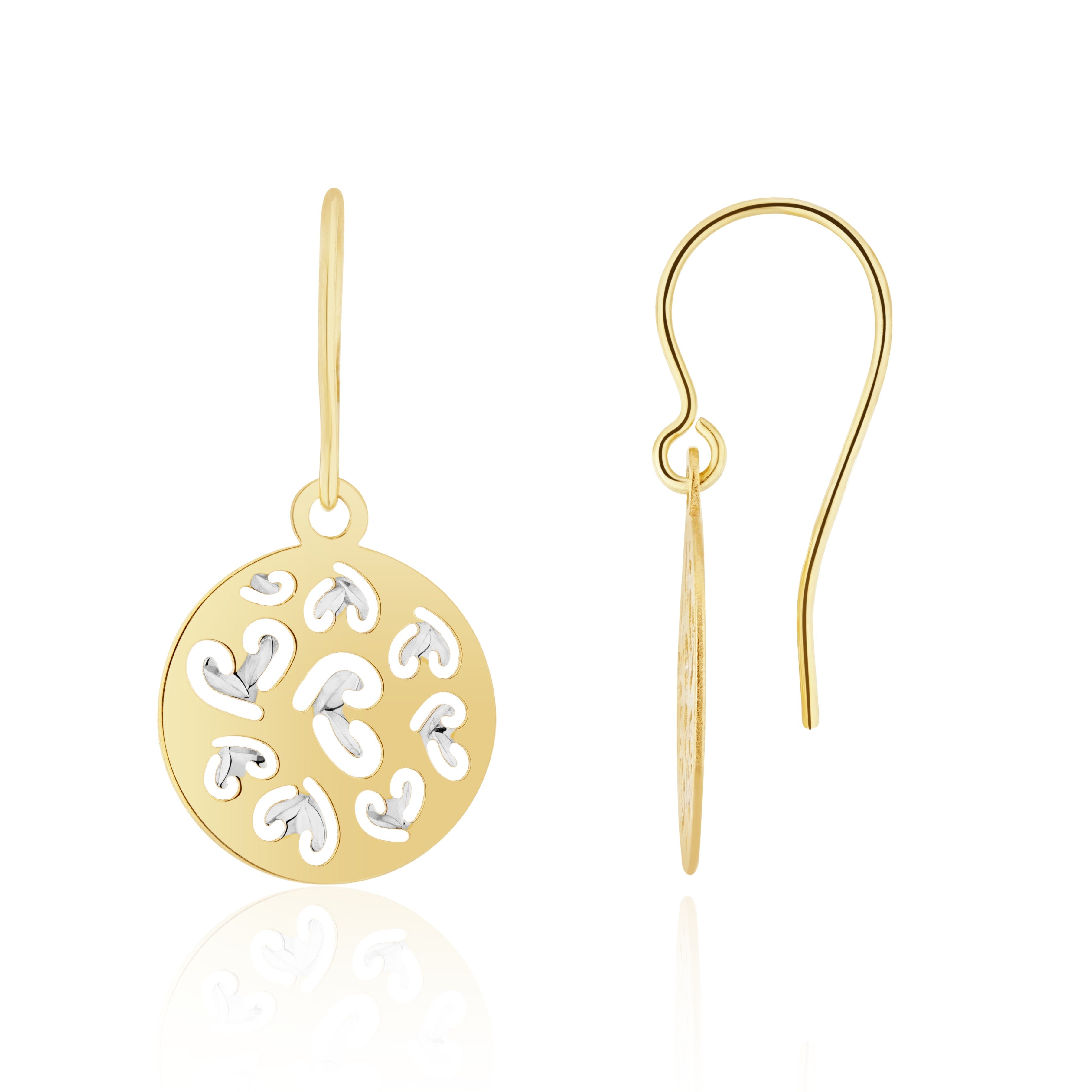 9CT YWG DIAMOND CUT PATTERNED DISC DROP EARRINGS