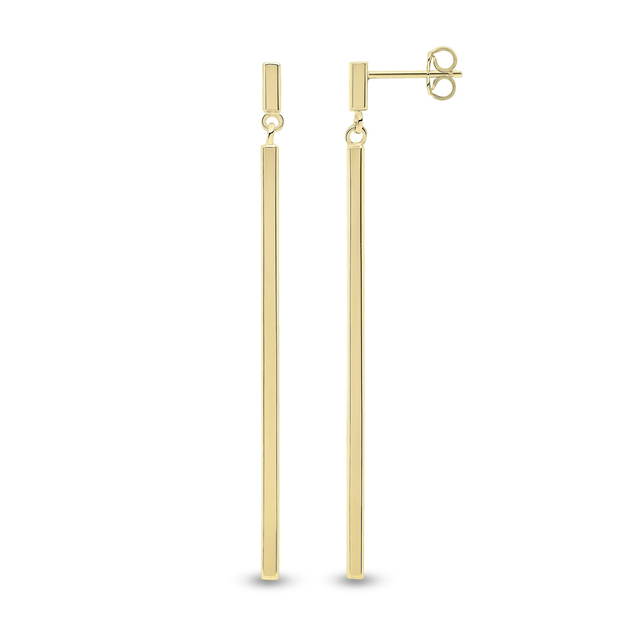 9CT YG POLISHED SQUARE TUBE BAR DROP EARRINGS. 62MM LONG