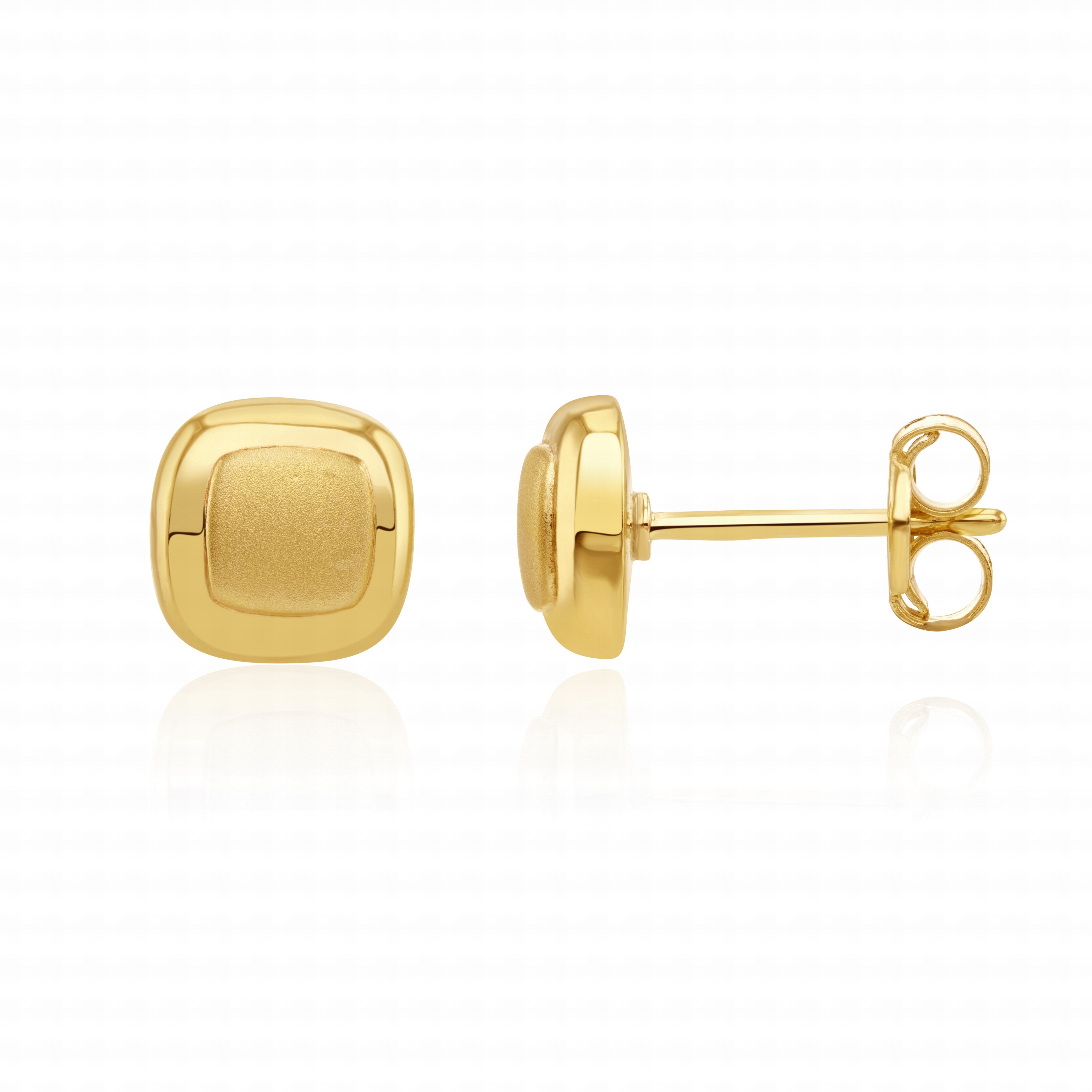 9CT YG SATIN FINISH CENTRE, POLISHED BORDER CUSHION-SHAPE STUD EARRINGS