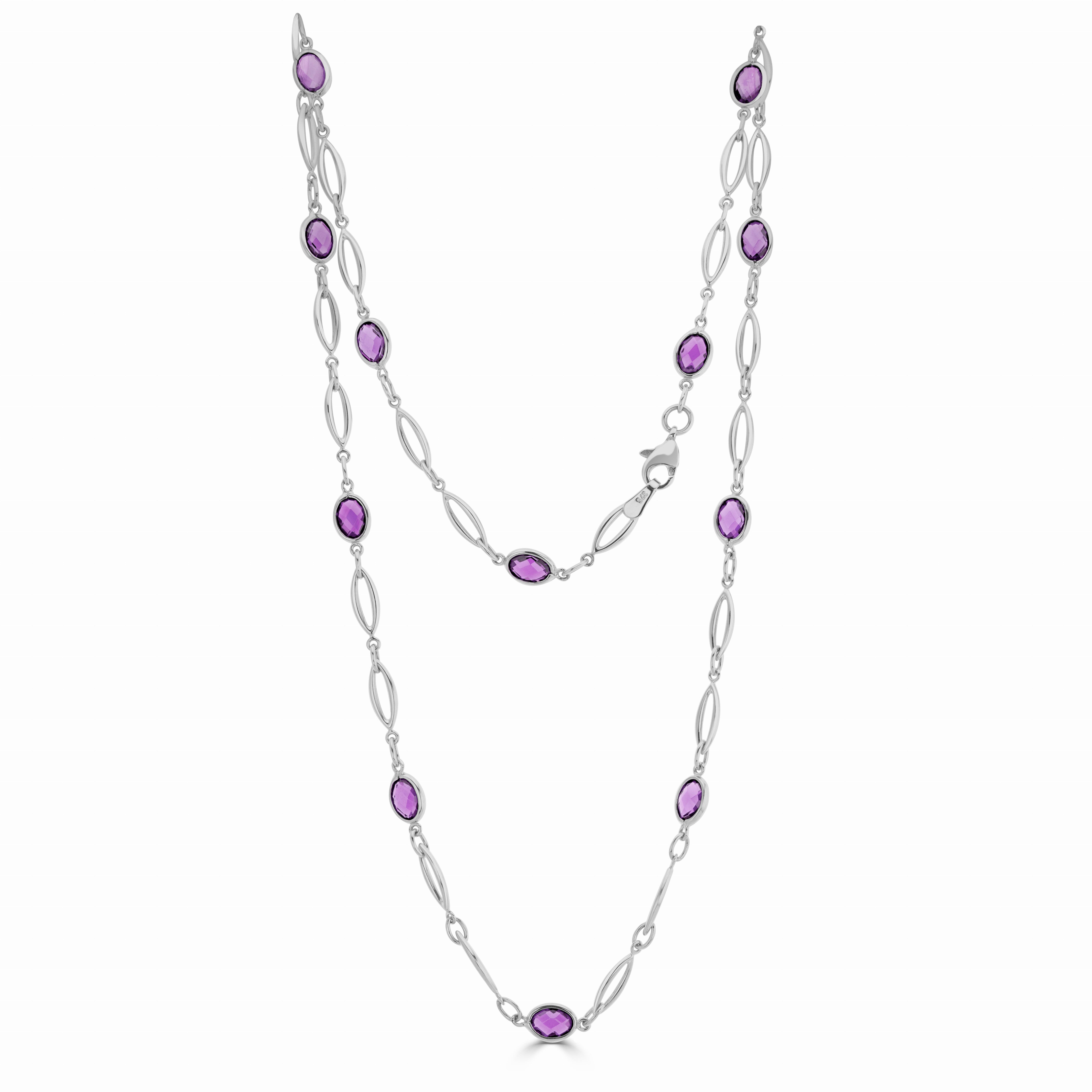 9CT WHITE GOLD SPEC SET OVAL AMETHYST & GOLD OPEN MARQUISE MOTIFS NECKLACE