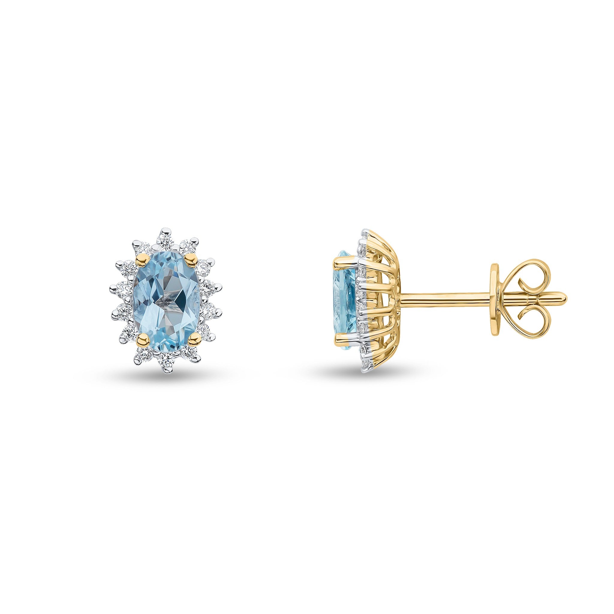 18CT YG 6X4 OVAL AQUA AND DIAMOND CLAW CLUSTER EARRINGS. RHODIUM TO DIAMONDS