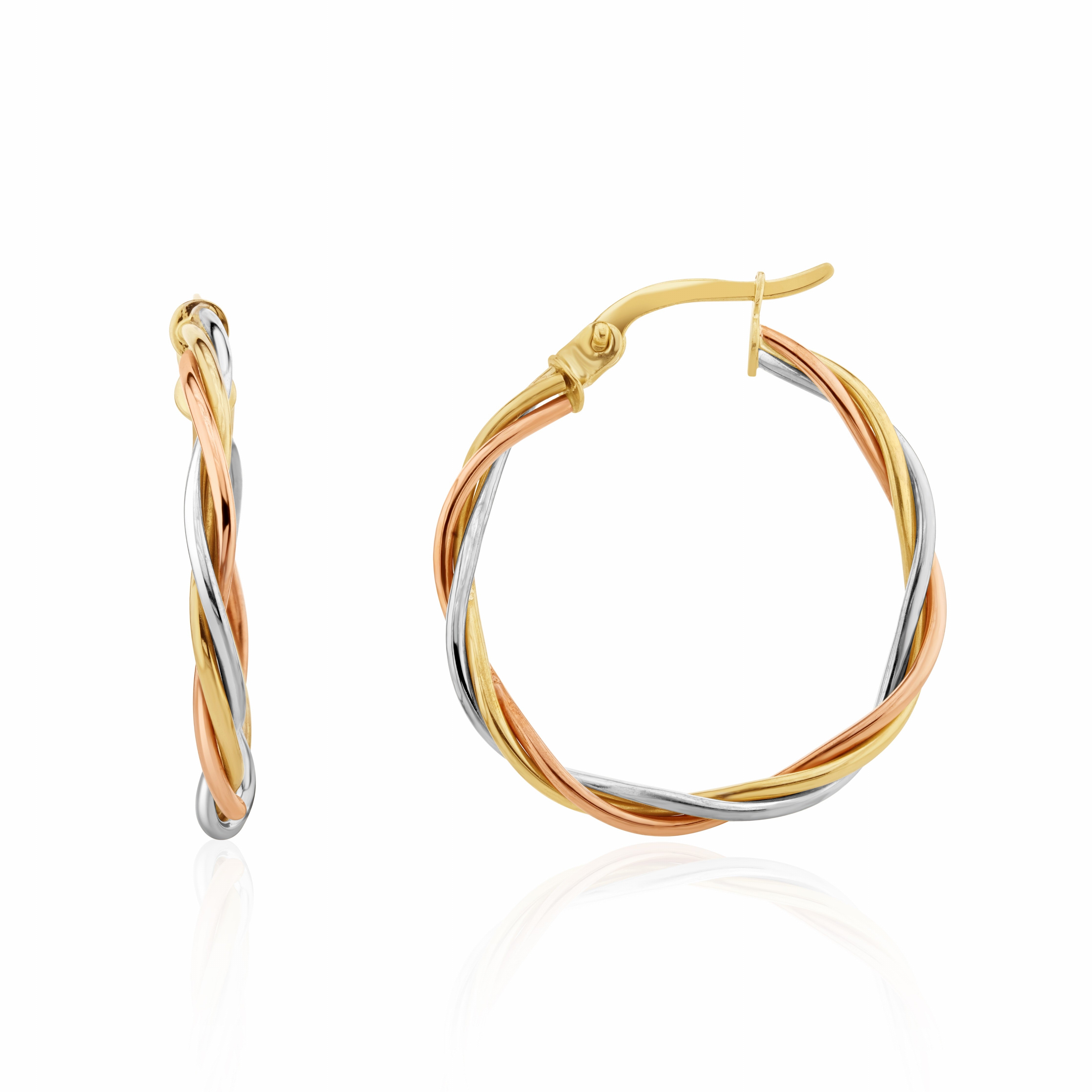 9CT YELLOW, WHITE AND ROSE GOLD THIN WIRE RUSSIAN HOOP EARRINGS. 25MM OUTER DIAMETER