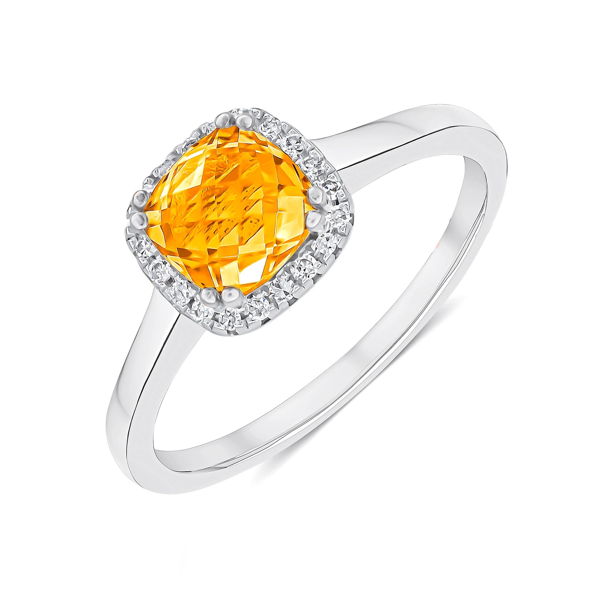 9CT WG 6MM CHECKERBOARD CUT CUSHION CITRINE AND ROUND DIAMOND CLAW SET CLUSTER RING