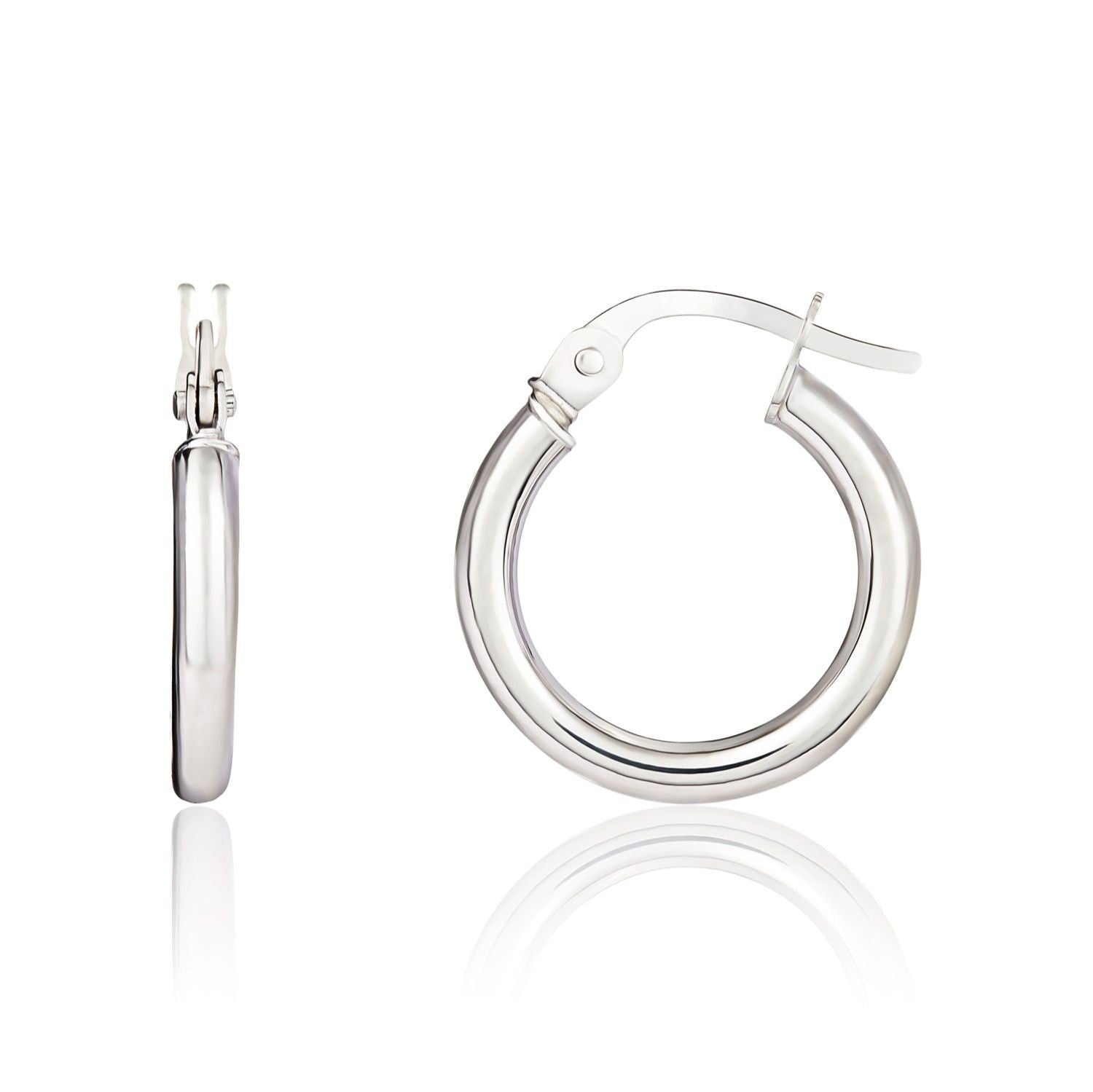 18CT WG POLISHED 2MM ROUND TUBE HOOP EARRINGS. 14MM OUTER DIAMETER