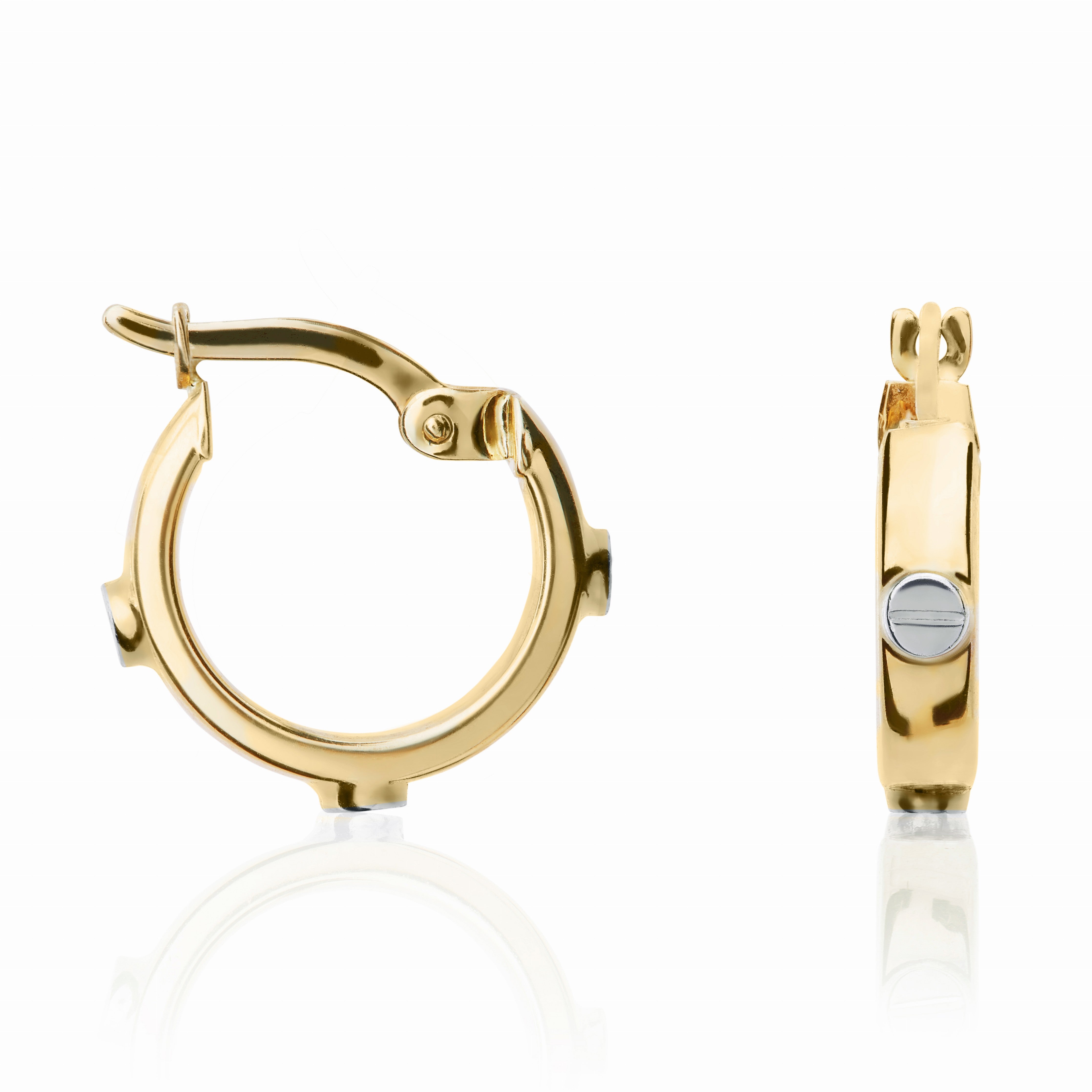 9CT YG SQUARE PROFILE HOOP EARRINGS WITH WG SCREW MOTIFS.13MM OUTER DIAMETER