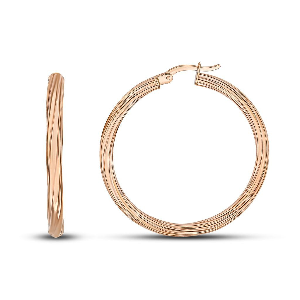 9CT RG 3MM TWIST TUBE HOOP EARRINGS. 36MM OUTER DIAMETER