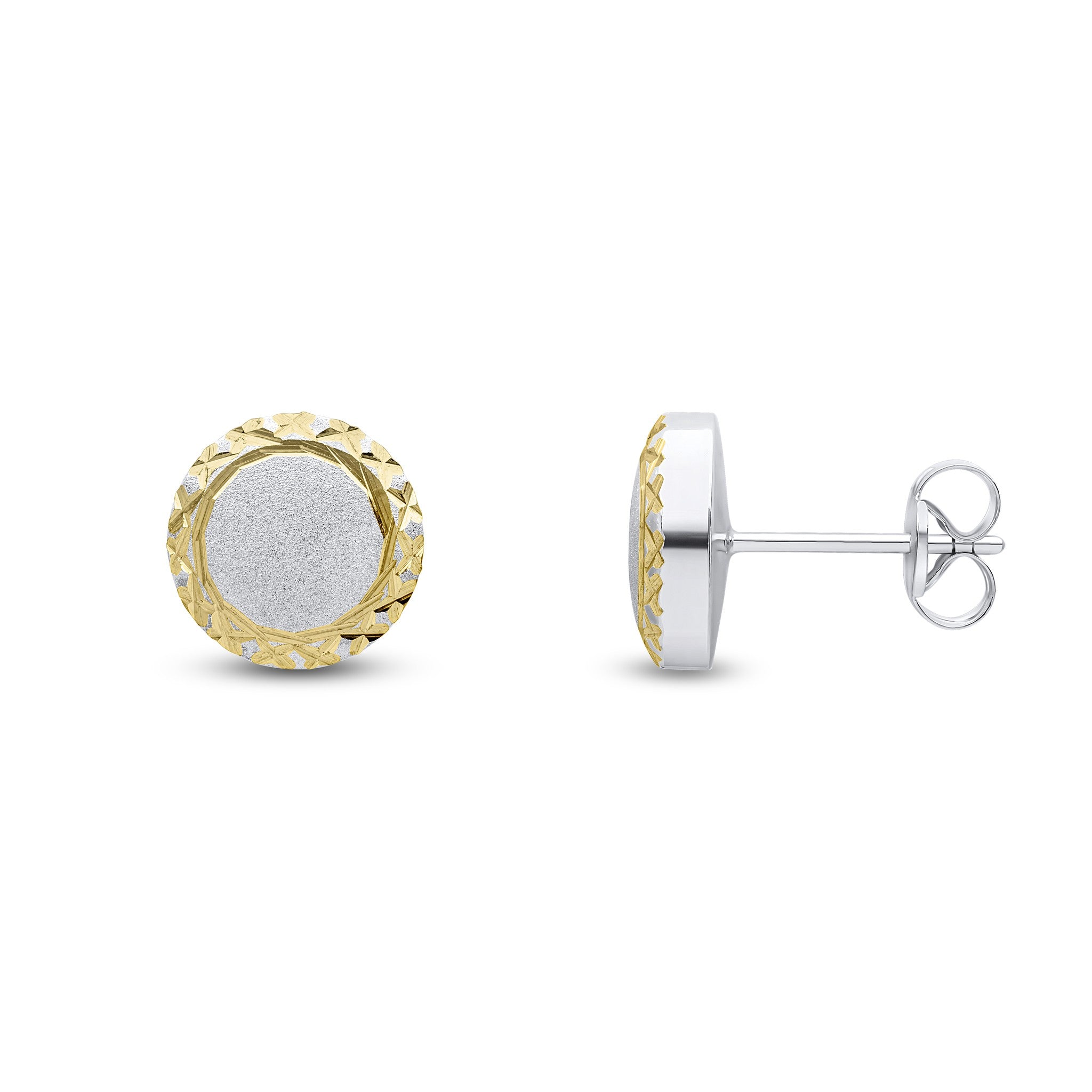 9CT WHITE GOLD SATIN FINISH CENTRE, DIAMOND CUT YELLOW EDGE ROUND STUD EARRINGS