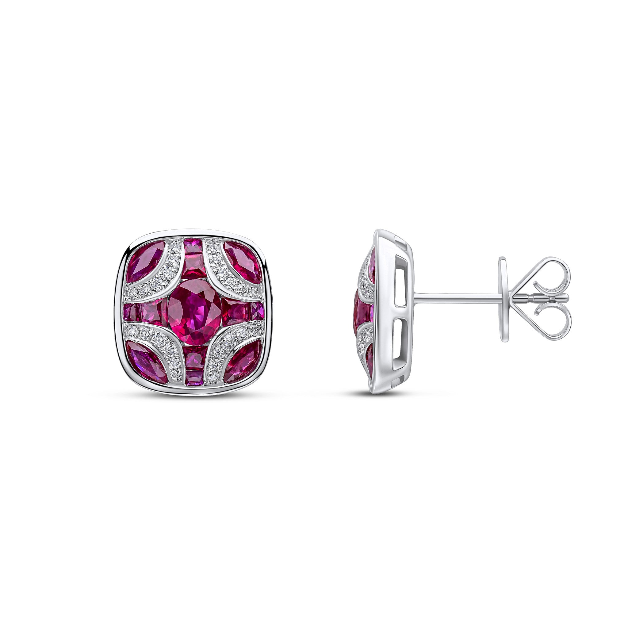 18CT WG RUBY AND DIAMOND SHIELD STUD EARRINGS