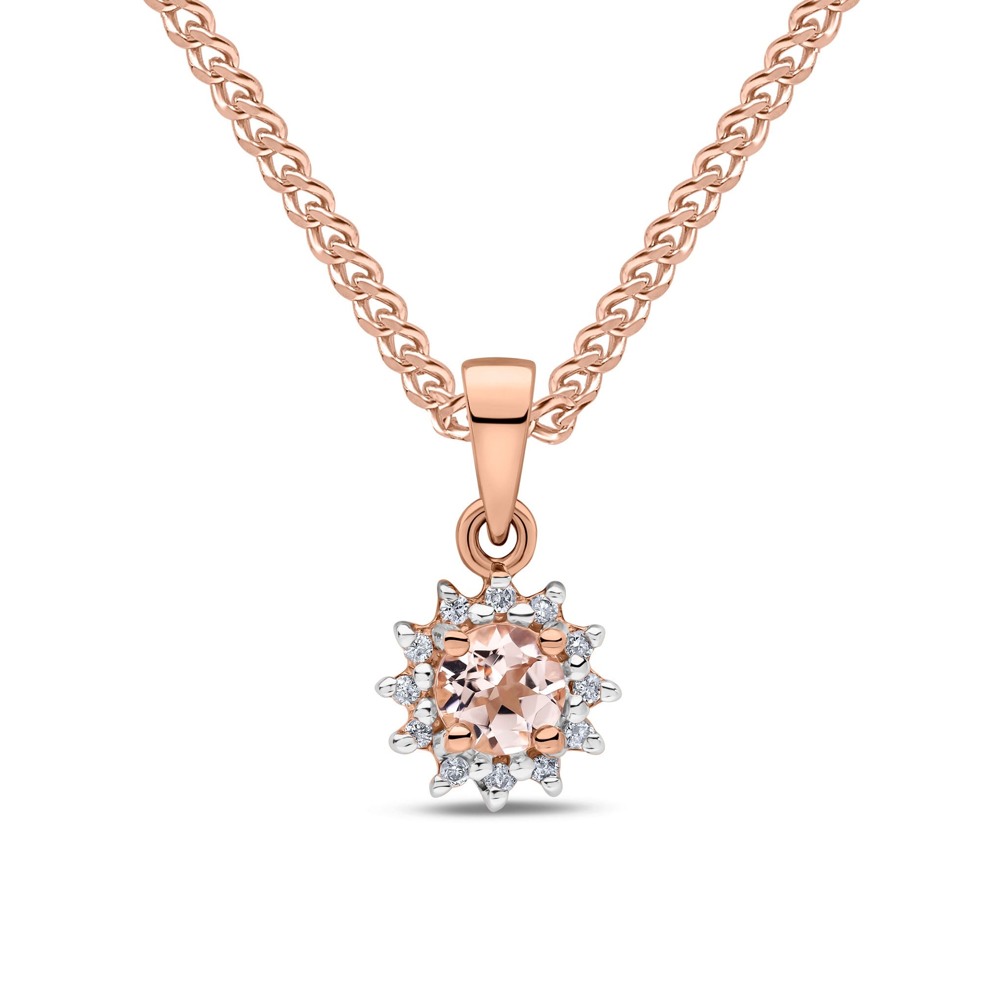 9CT RG 4MM ROUND MORGANITE & DIAMOND CLAW SET CLUSTER  PENDANT. RHODIUM TO DIAMONDS
