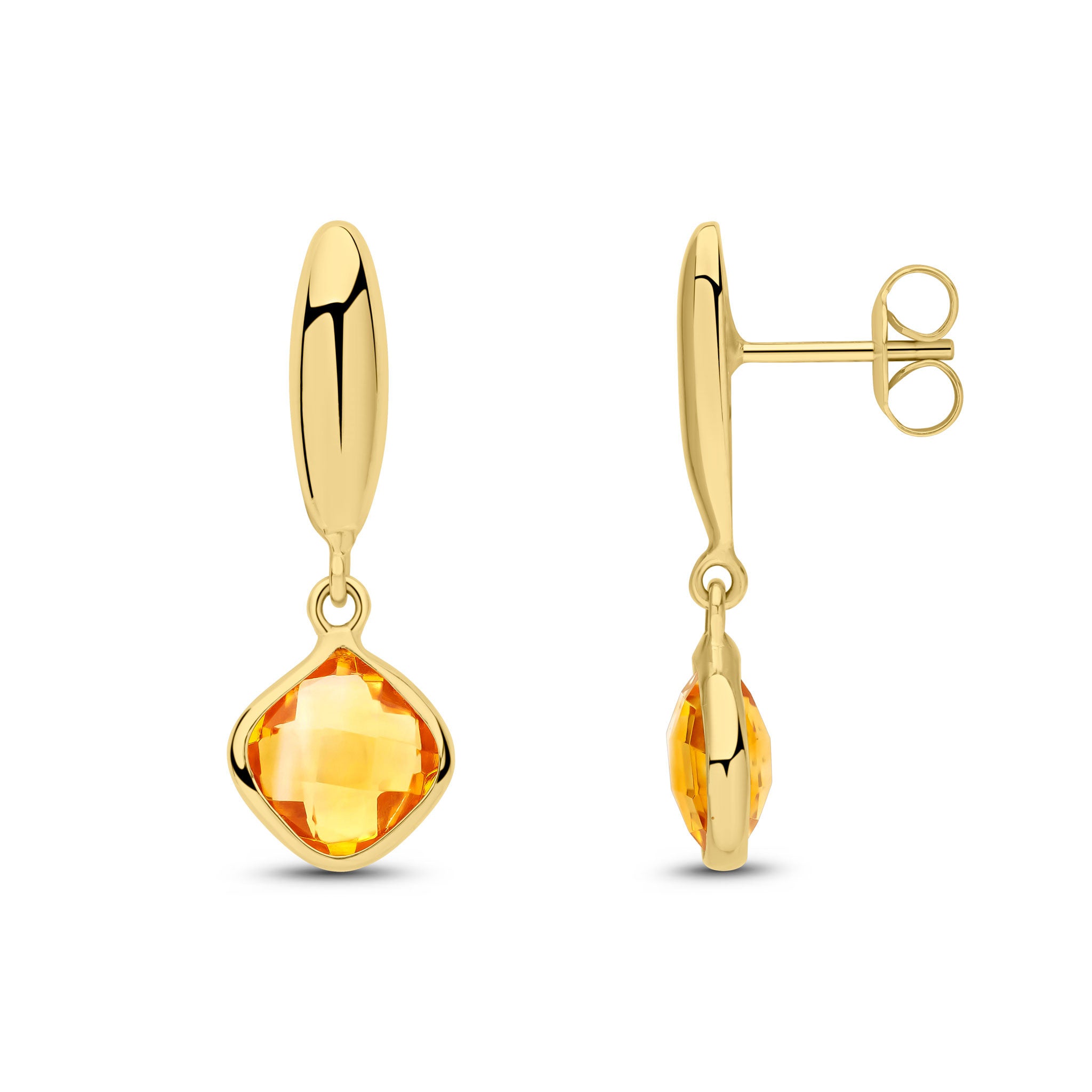 9CT YG CHECKERBOARD CUSHION CITRINE AND POLISHED TORPEDO TOP DROP EARRINGS