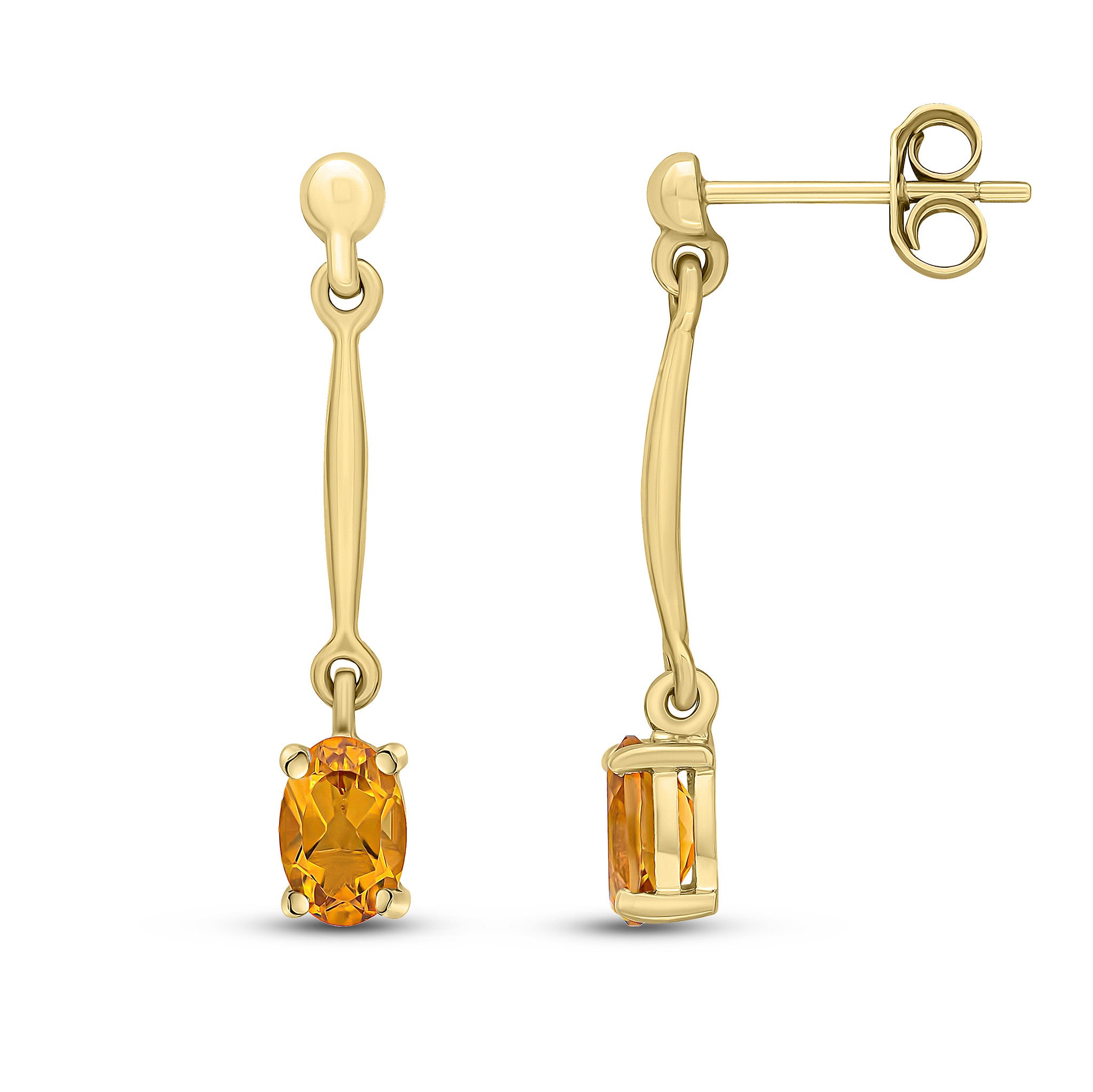 9CT YG CLAW SET 6X4MM OVAL CITRINE AND BAR DROP EARRINGS