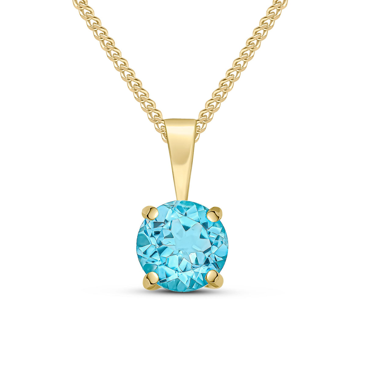 9CT YG 6MM ROUND SWISS BLUE TOPAZ 4 CLAW PENDANT