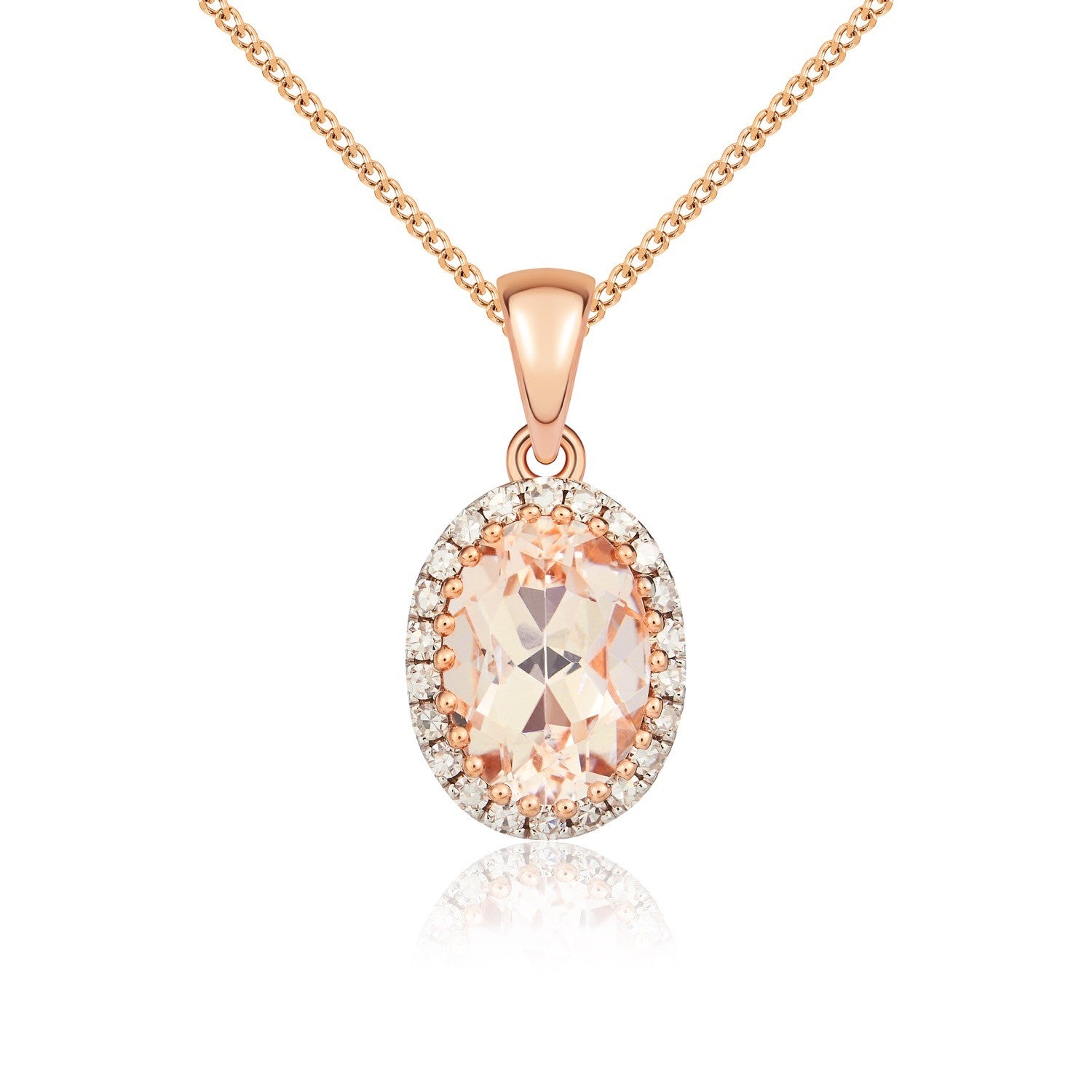 9CT ROSE GOLD OVAL MORGANITE AND ROUND DIAMOND CLAW CLUSTER PENDANT WITH PLAIN LOOP . RHODIUM TO DIAMONDS