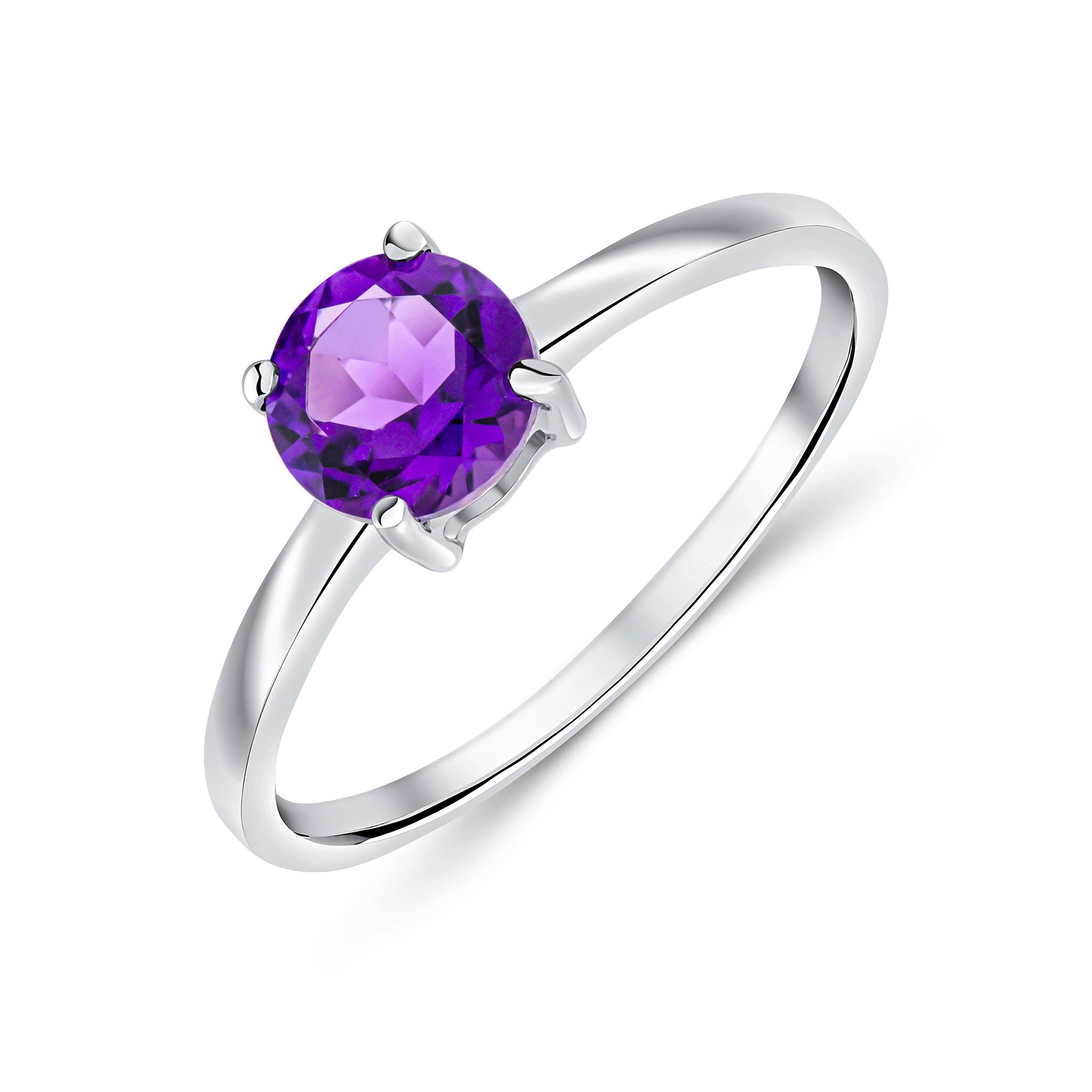 9CT WG 6MM ROUND AMETHYST 4 CLAW SINGLE STONE RING