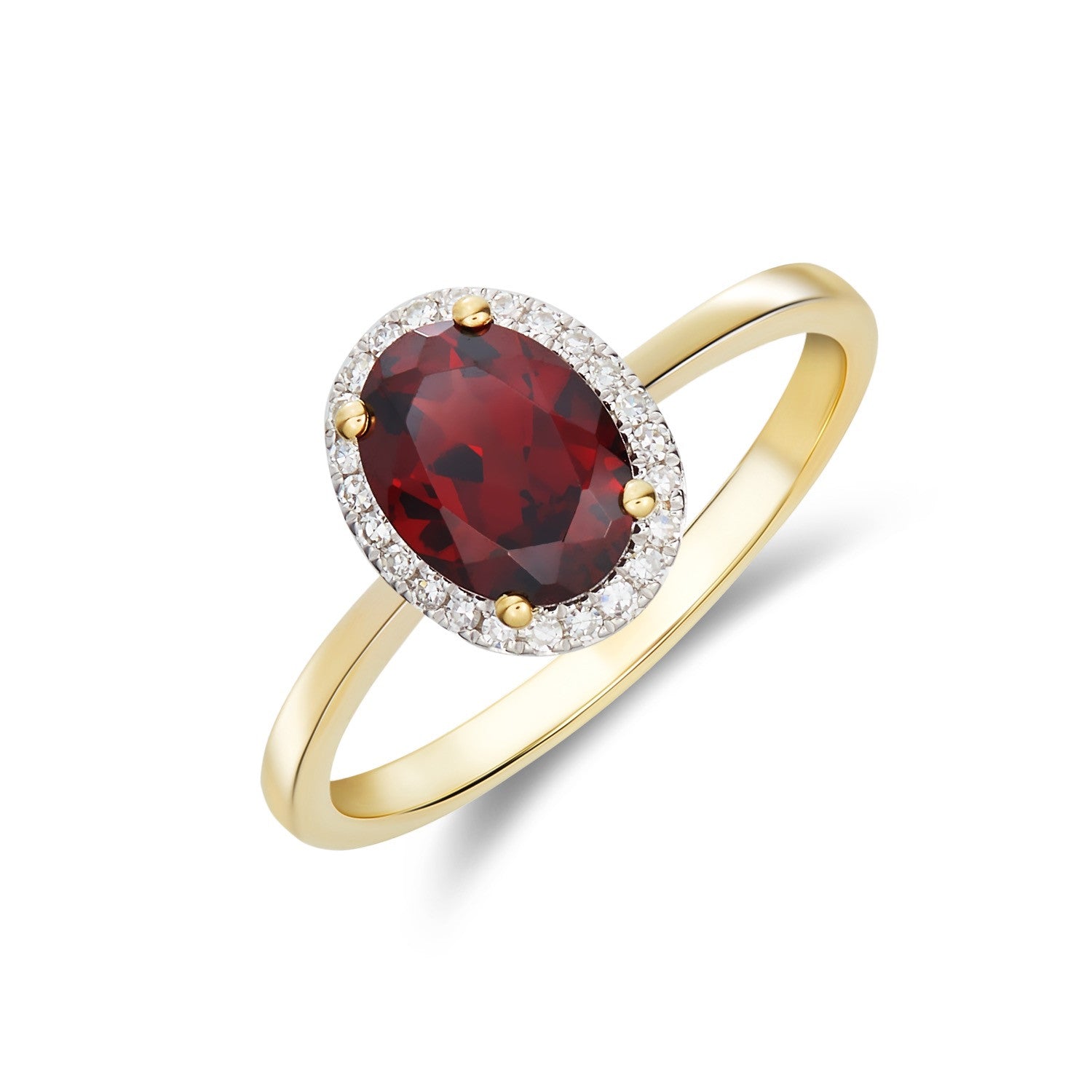 9CT YG 8X6 OVAL GARNET & DIAMOND CLAW SET CLUSTER RING. RHODIUM TO DIAMONDS